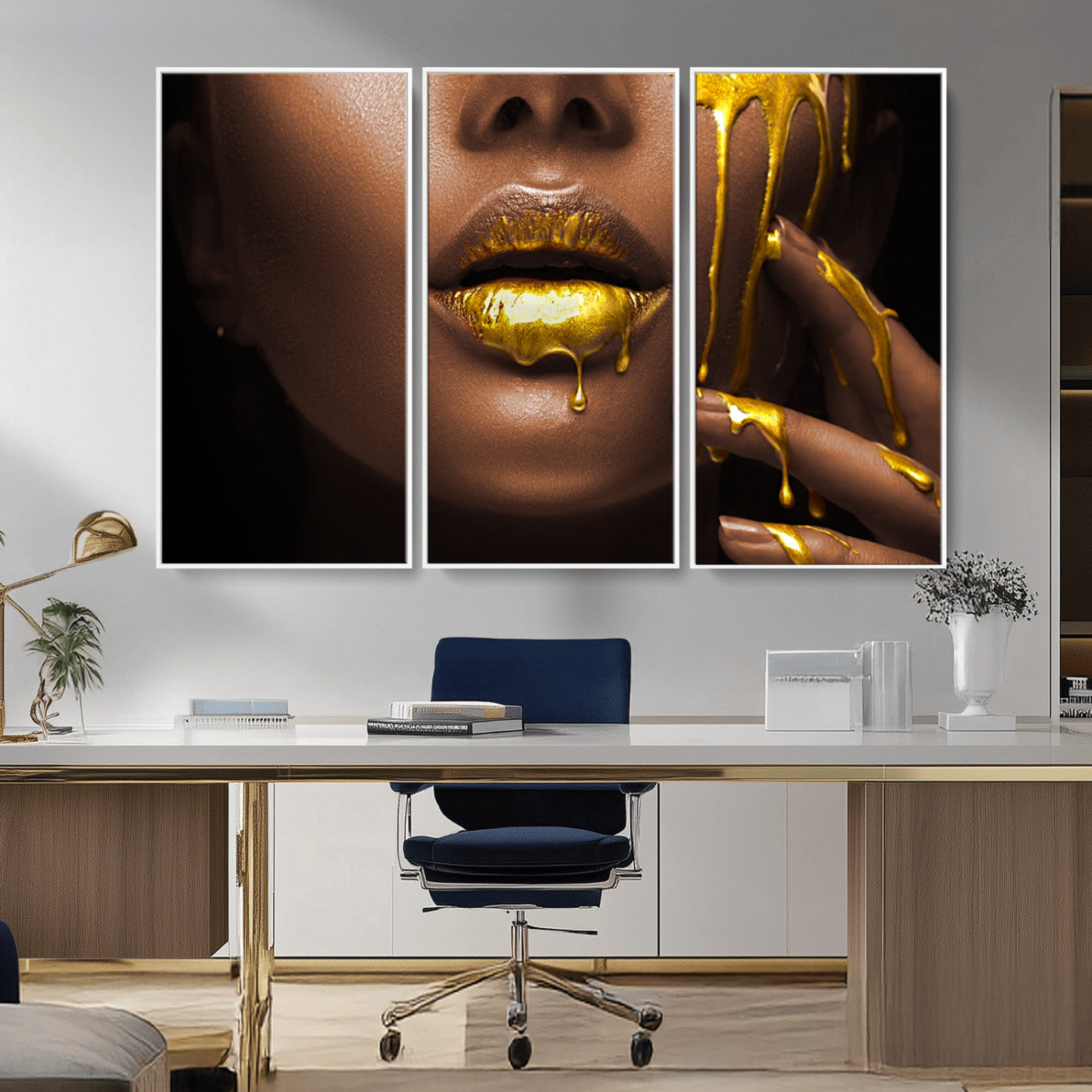 MGV-FC-48X32-3P - African American Art Black Woman Canvas Print, African Wall Art, Fashion African Woman Gold Lips