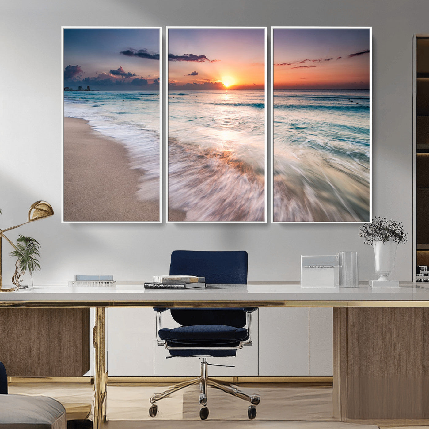 MGV-FC-48X32-3P - Sunset Beach Wall Art – Soothing Coastal Landscape, Ready to Hang for Tranquil Home Decor