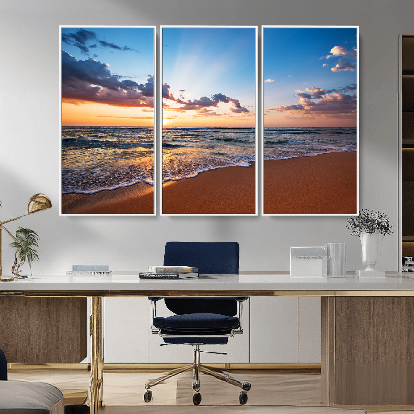 MGV-FC-48X32-3P - Golden Hour Beach Sunset Wall Art | Canvas Print | Ready to Hang | Coastal Wall Art for Living Room
