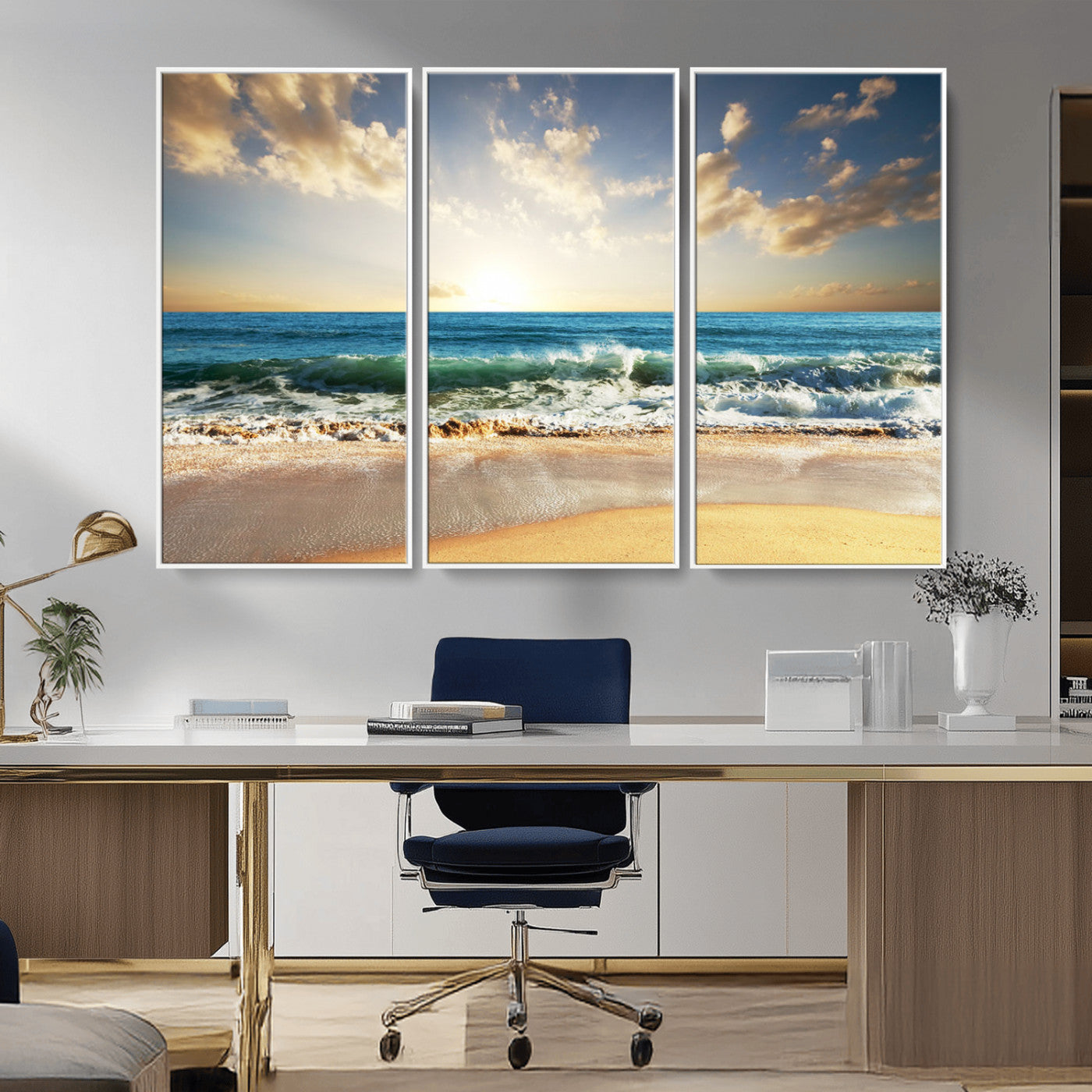 MGV-FC-48X32-3P - Golden Sunset Beach Triptych Canvas Wall Art for Living Room – 3-Panel Ocean View, Framed & Ready to