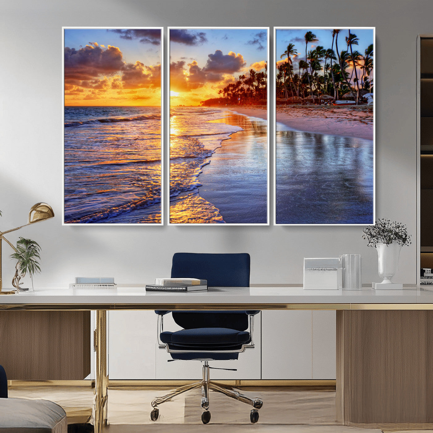 MGV-FC-48X32-3P - Serene Beach Sunset Wall Art Canvas- Coastal Seascape Print for Living Room or Bedroom, Ocean Waves