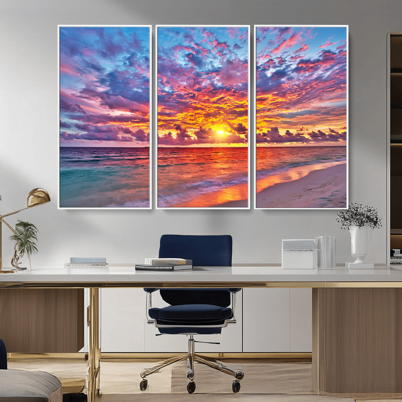 MGV-FC-48X32-3P - Vibrant Sunset Beach Wall Art - Ocean Sunset Canvas Print | Coastal Wall Art Decor Stunning Sunset