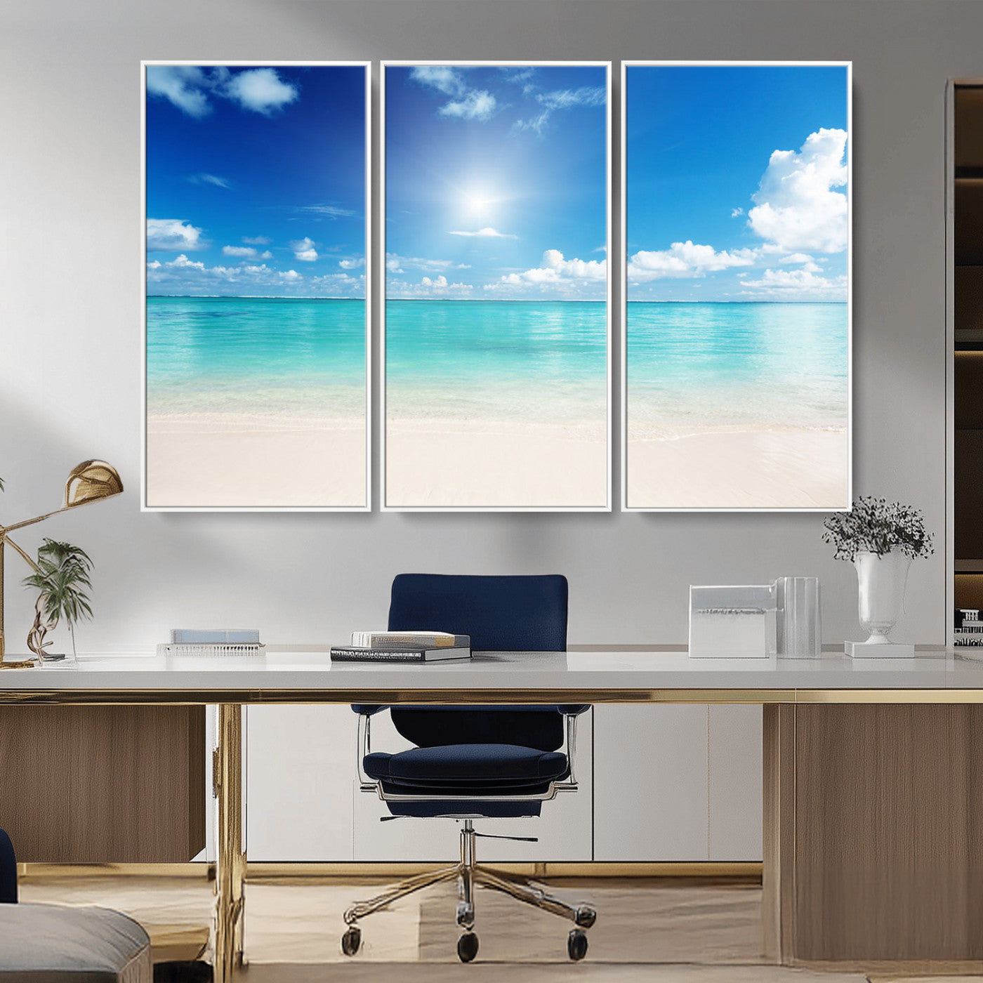 MGV-FC-48X32-3P - Blue Ocean Wall Art Canvas Print - Tranquil Ocean Paradise Triptych Wall Art - Ready to Hang Beach