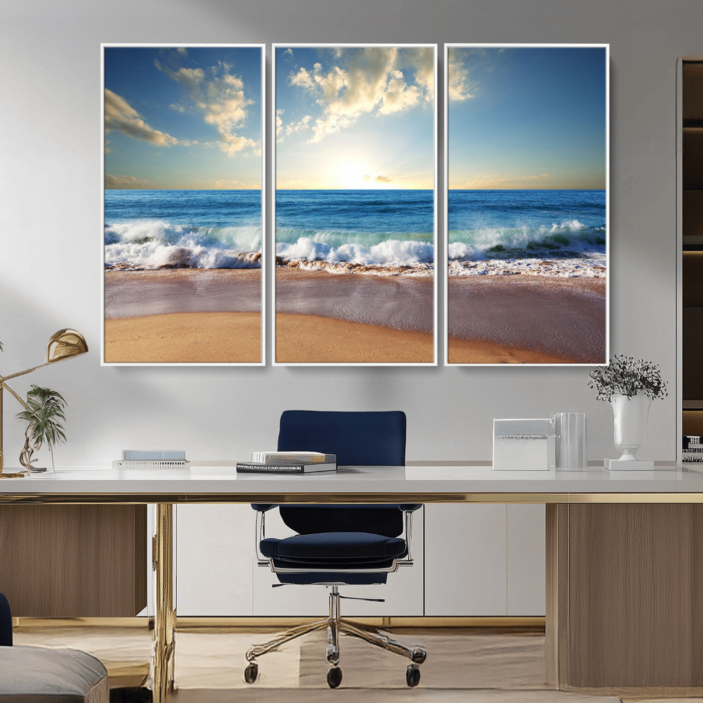 MGV-FC-48X32-3P - Serene Ocean Sunset Canvas Wall Art - Beach Waves at Sunset, Ready to Hang