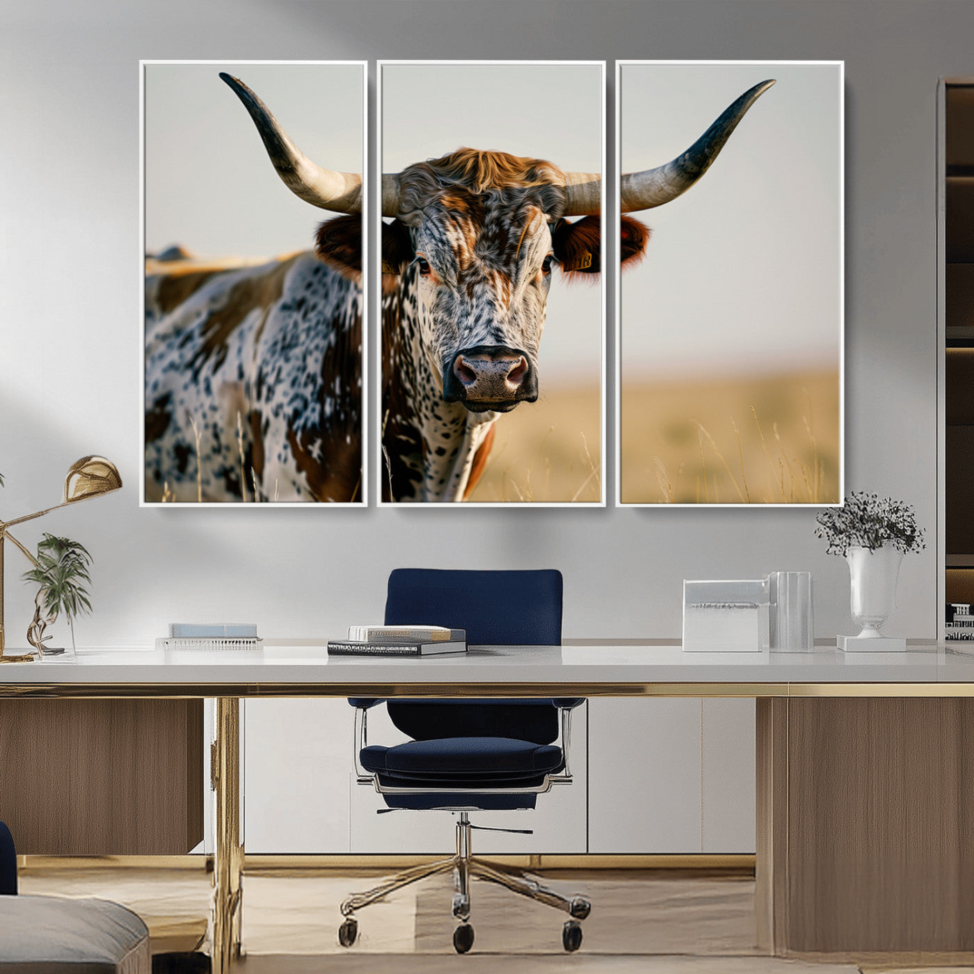 MGV-FC-48X32-3P - Texas Bull Longhorn Wall Art Canvas Print for Farm House Wall Decor, Farmhouse Wall Art Print