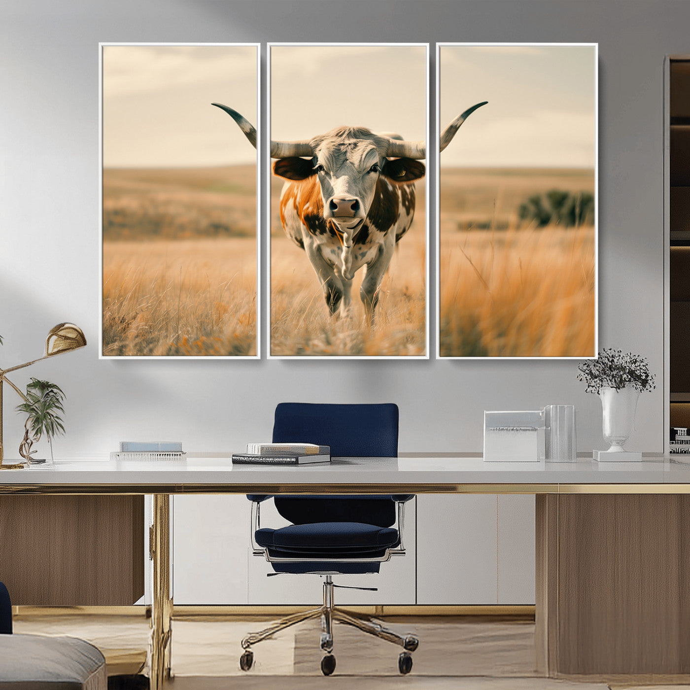MGV-FC-48X32-3P - Texas Cow Wall Art Canvas Print for Farm House Wall Decor, Farmhouse Wall Art Print