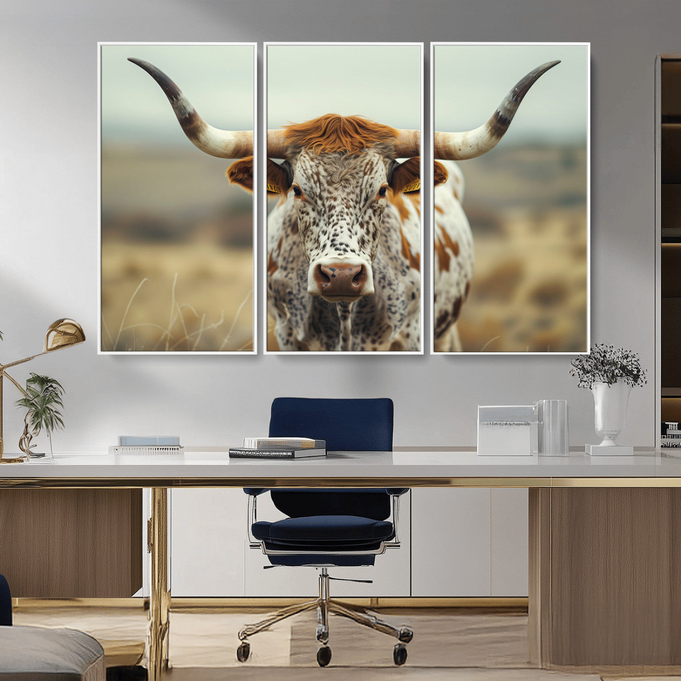 MGV-FC-48X32-3P - Texas Cow Longhorn Wall Art Canvas Print for Farm House Wall Decor, Farmhouse Wall Art Print