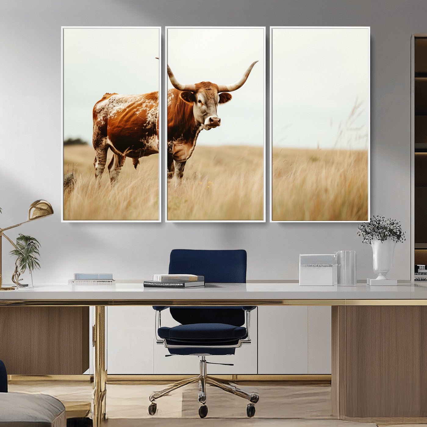 MGV-FC-48X32-3P - Texas Longhorn Canvas Wall Art Print – Majestic Western Cattle in Rustic Farmhouse Decor – Cow Wall