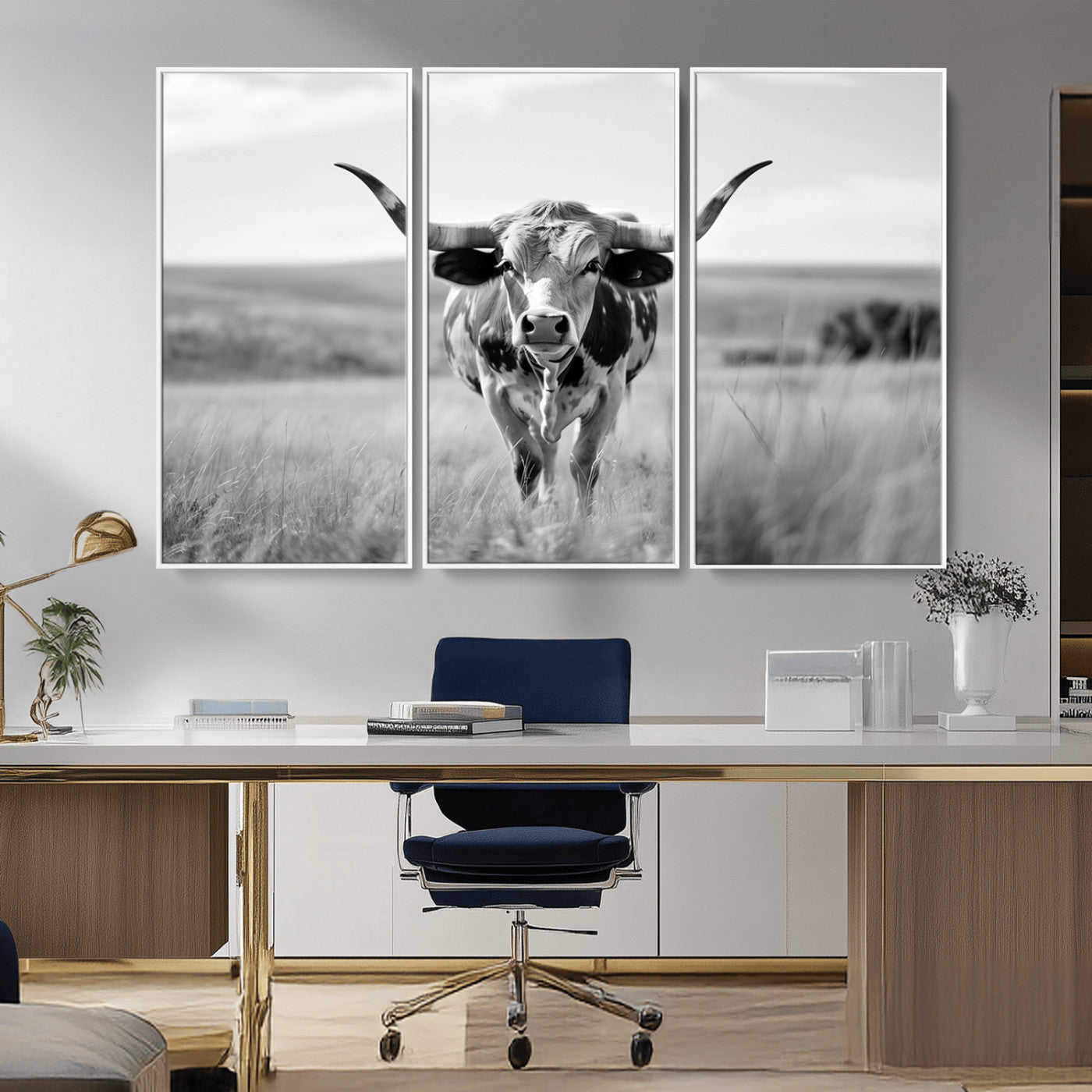 MGV-FC-48X32-3P - Texas Cow Longhorn Wall Art Canvas Print for Farm House Wall Decor, Farmhouse Wall Art Print