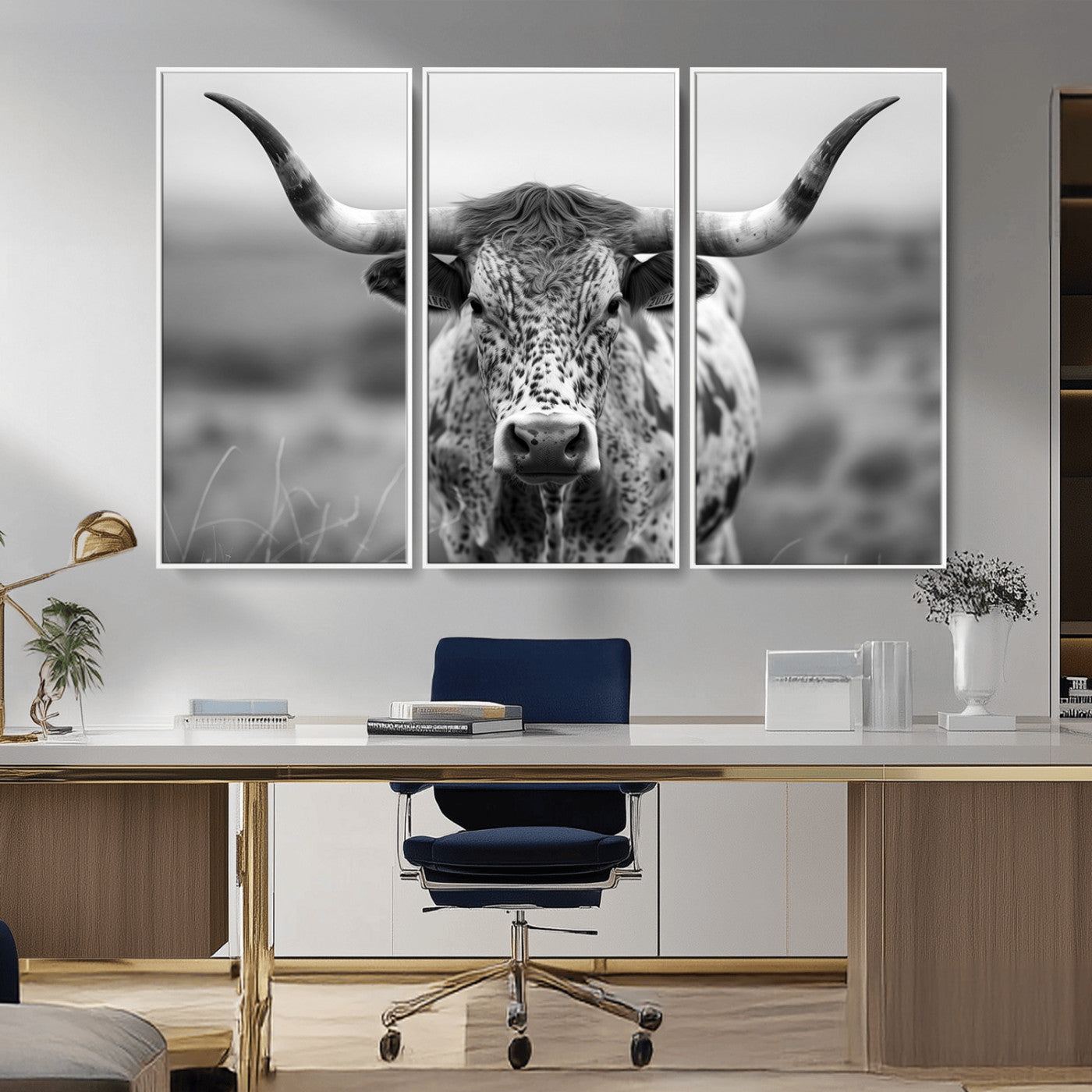 MGV-FC-48X32-3P - Texas Cow Longhorn Wall Art Canvas Print for Farm House Wall Decor, Farmhouse Wall Art Print
