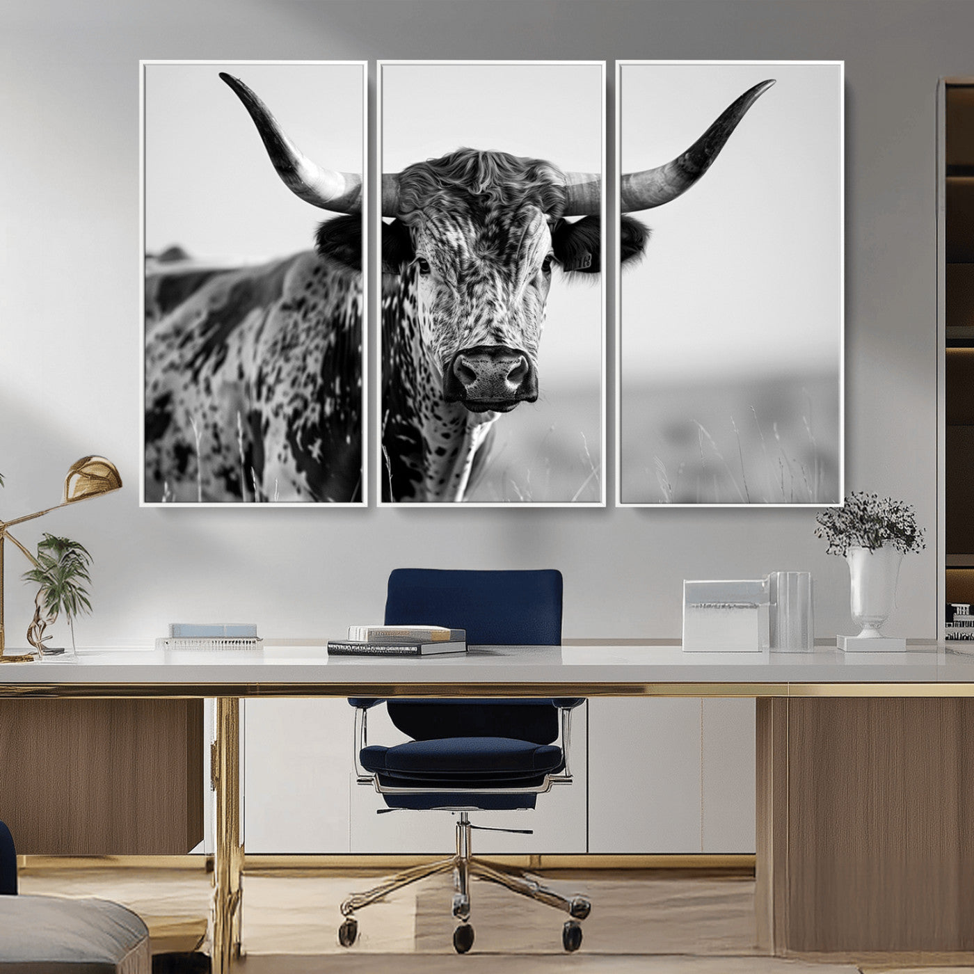 MGV-FC-48X32-3P - Texas Highland Cow Longhorn Canvas Print - Rustic Farmhouse Wall Art - Large Texas Longhorn