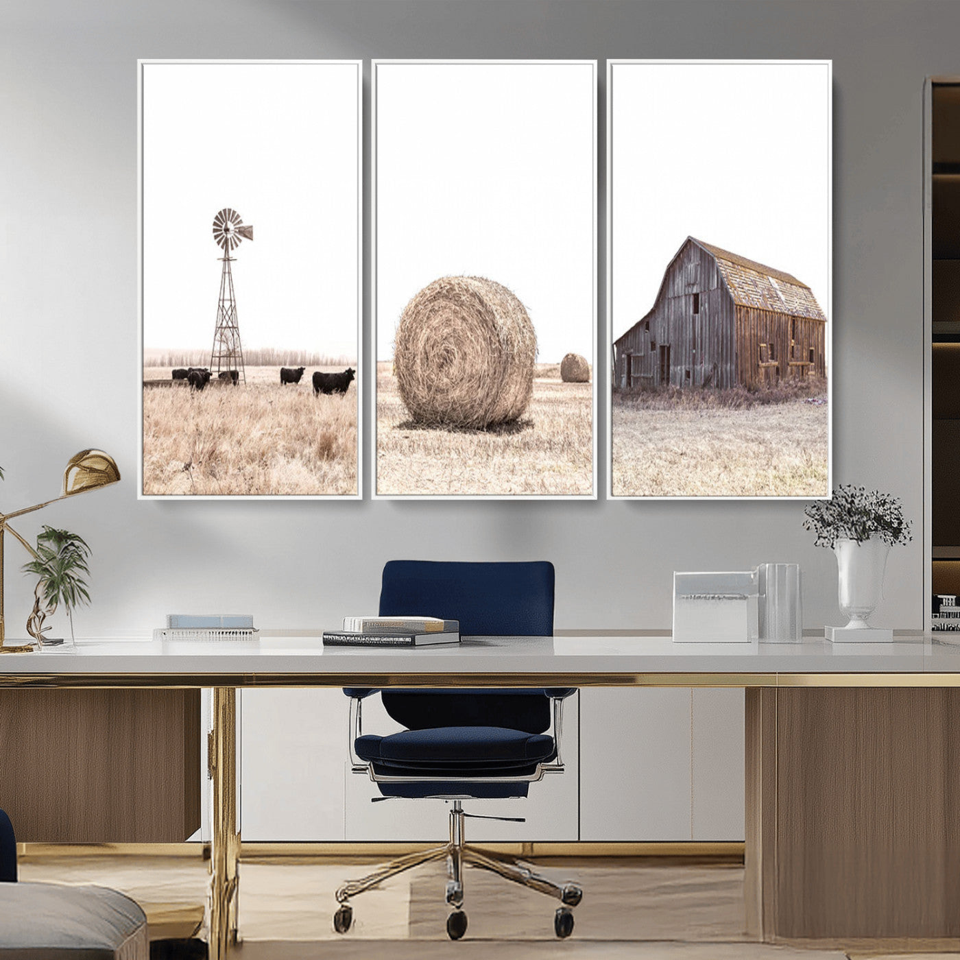 MGV-FC-48X32-3P - Rustic Farmhouse Wall Art Set of 3 – Country Barn and Wheat Field | Farm Prints for Country Home and