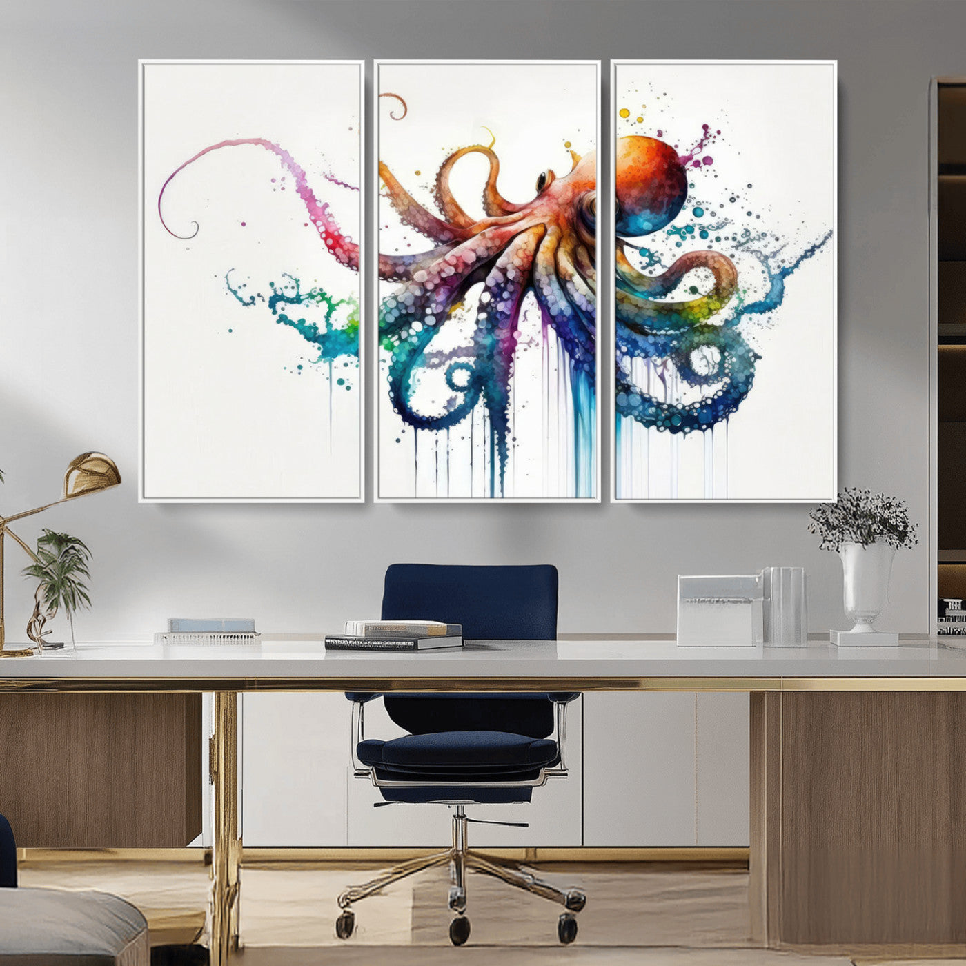 MGV-FC-48X32-3P - Watercolor Vibrant Octopus Wall Art Canvas Print | Abstract Sea Life Art | Colorful Marine Creature