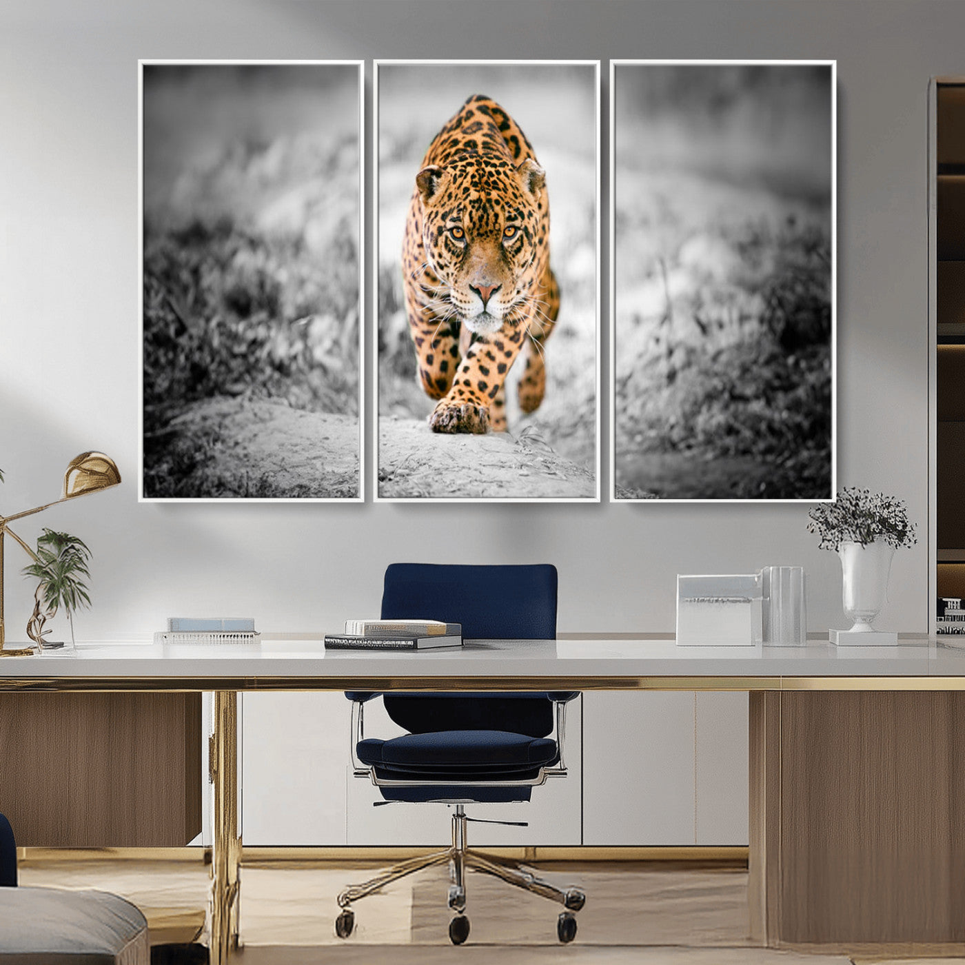MGV-FC-48X32-3P - Jaguar Wall Art Canvas Print - Majestic Big Cat in Focused Pursuit - Ready to Hang