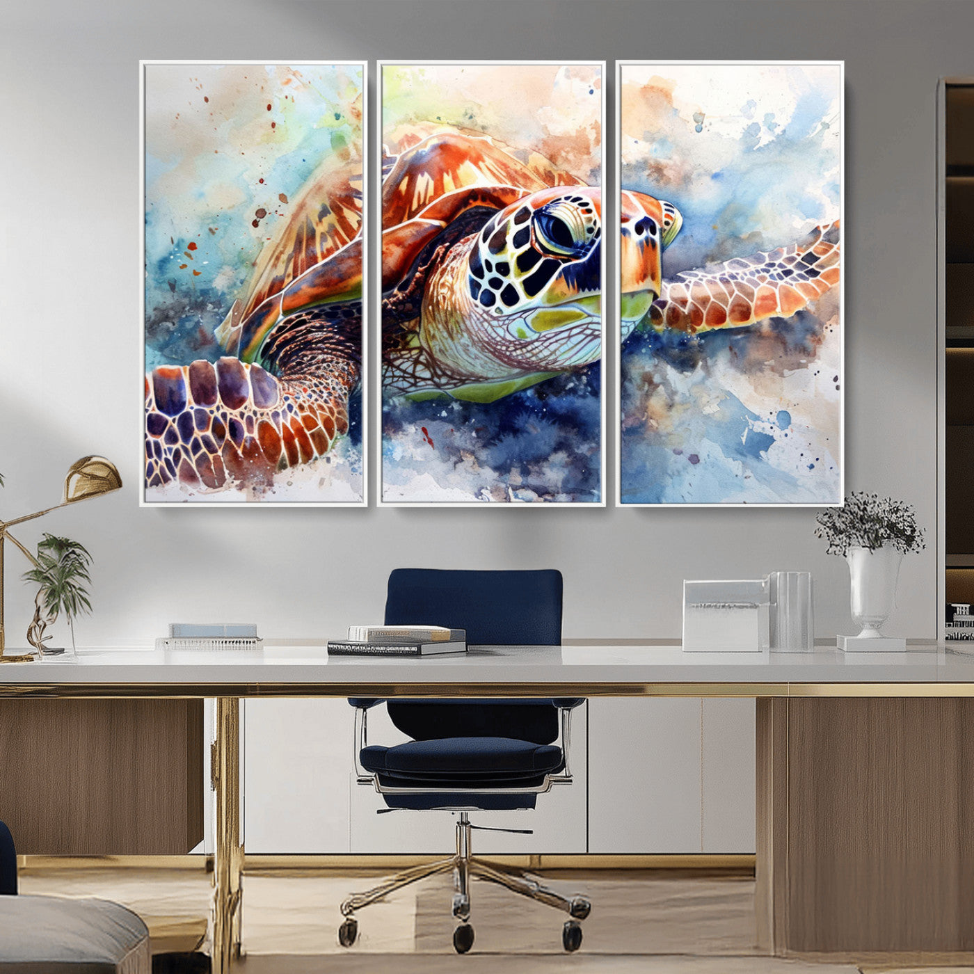 MGV-FC-48X32-3P - Watercolor Sea Turtle Wall Art Canvas Print - Vibrant Ocean Colors in Watercolor Style - Ready to