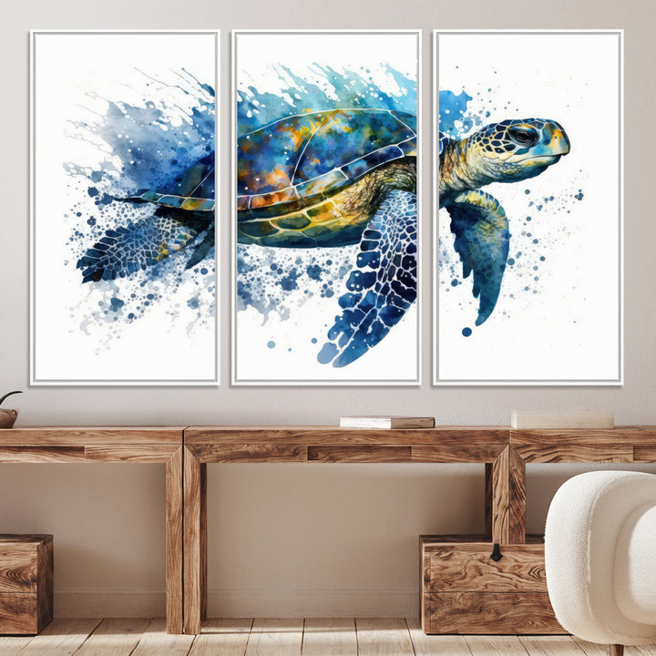 The Turtle Wall Art Print, featuring blue splashes, beautifully showcases Ocean Life.