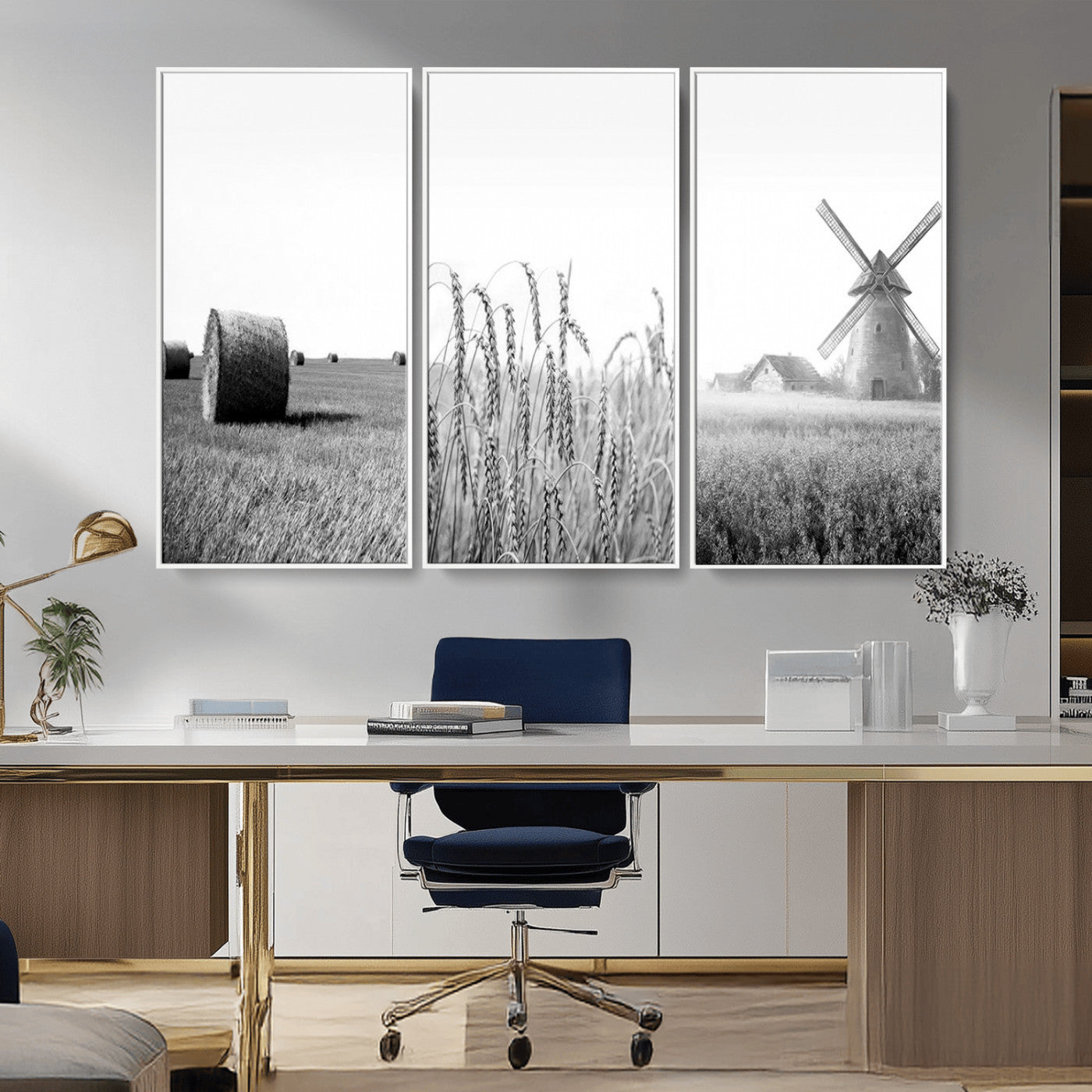 MGV-FC-48X32-3P - Vintage Farmhouse Black and White Triptych Wall Art – Giclee Canvas Featuring Wheat Fields, Hay