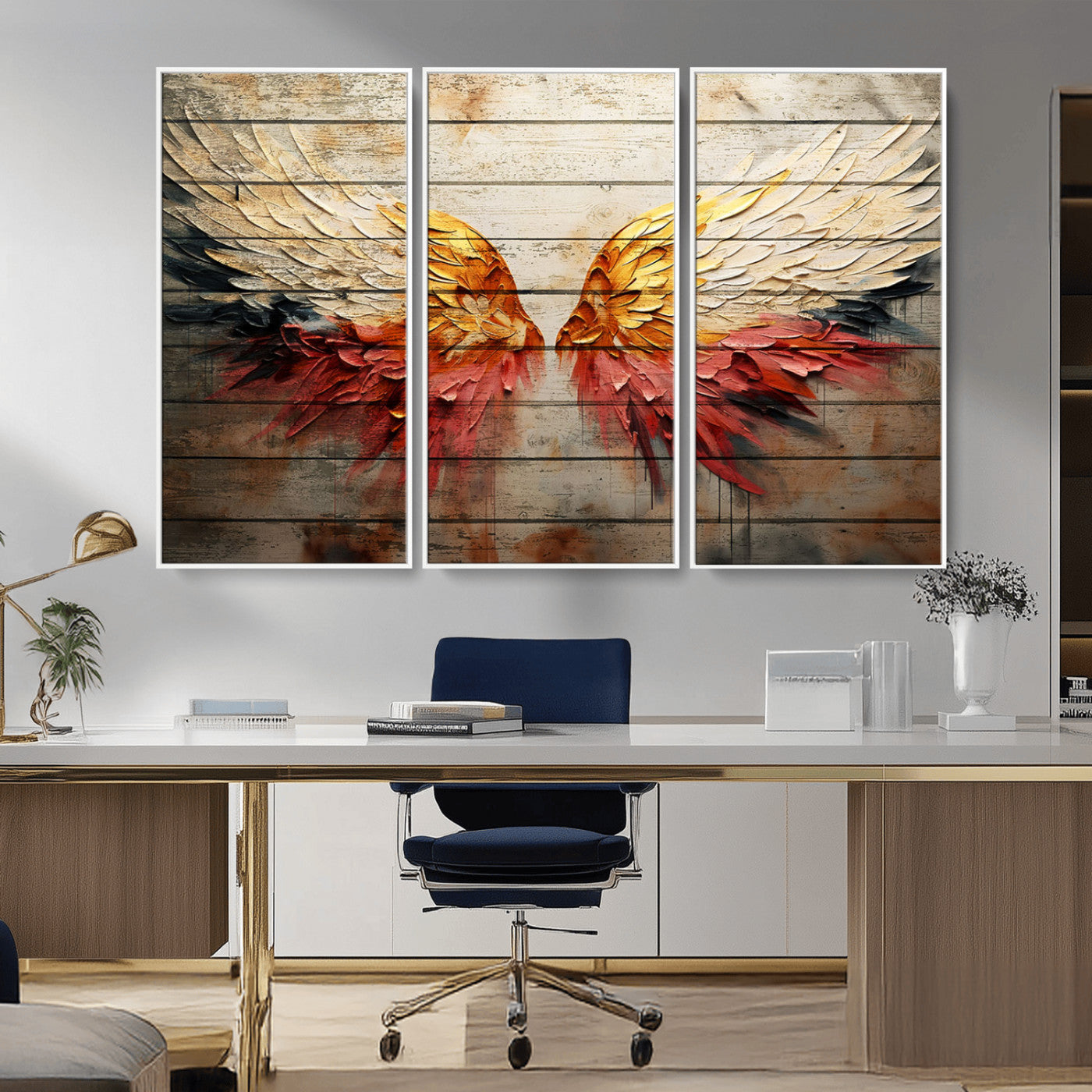 MGV-FC-48X32-3P - Abstract Angel Wings Canvas Wall Art – Framed and Ready to Hang Modern Angelic Wings Decor for