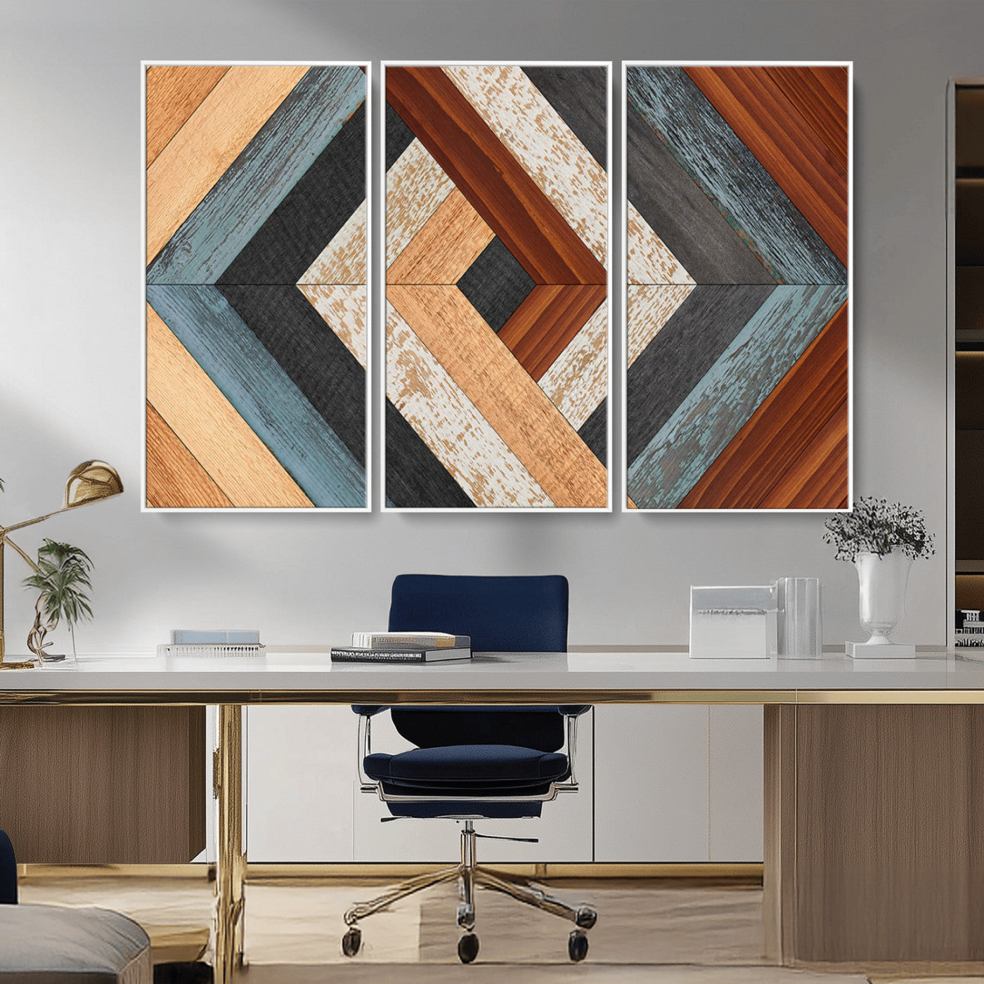 MGV-FC-48X32-3P - Geometric Wood Art Wall Decor Canvas Print, Rustic Wooden Pattern Triptych Wall Art for Living Room