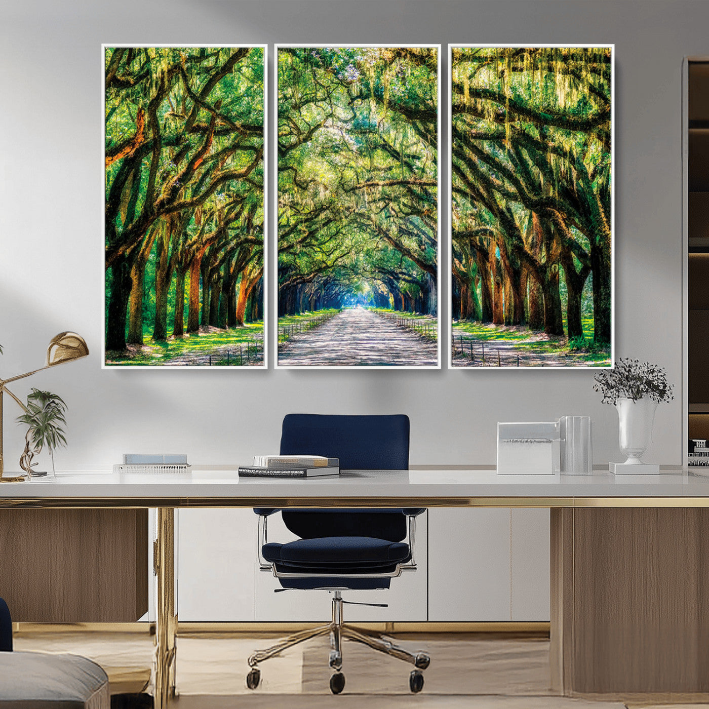 MGV-FC-48X32-3P - Serene Tree Tunnel Wall Art Canvas Print – Pathway Under Canopy of Lush Green Trees, Nature-Inspired
