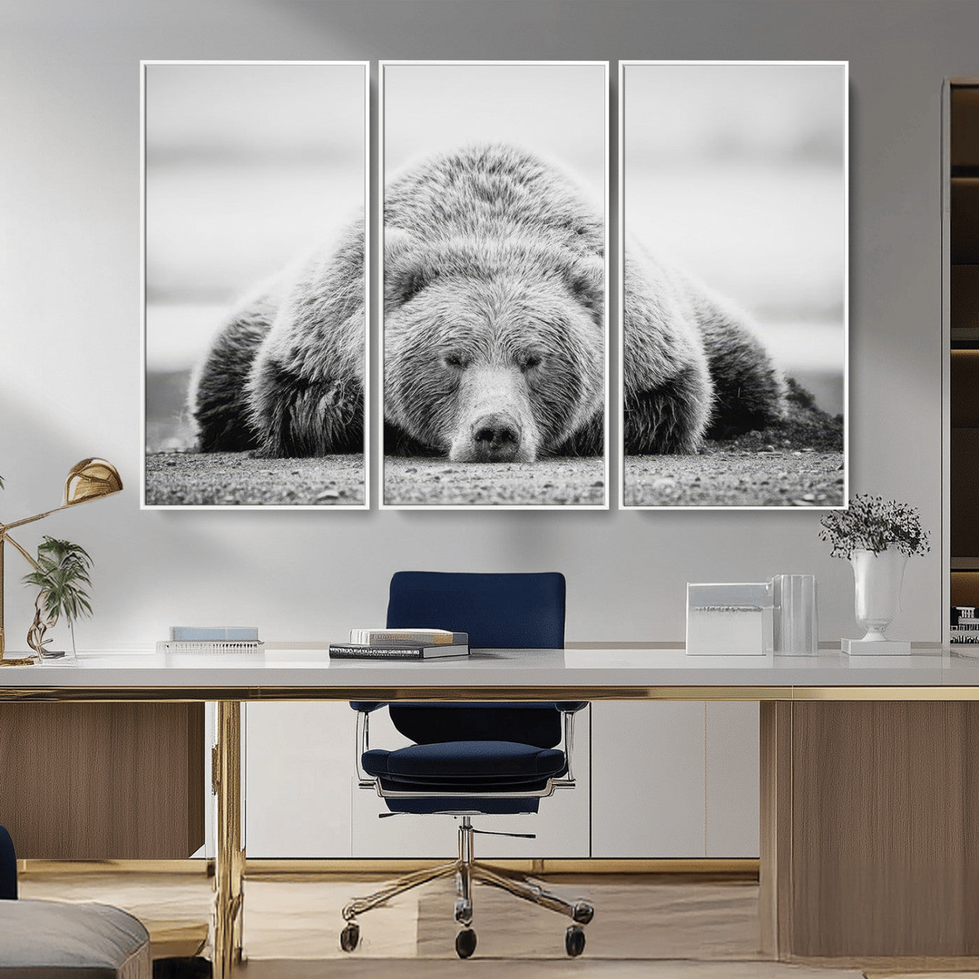 MGV-FC-48X32-3P - Resting Grizzly Bear Wall Art Canvas Print – Majestic Lazy Black and White Wildlife Bear Art,
