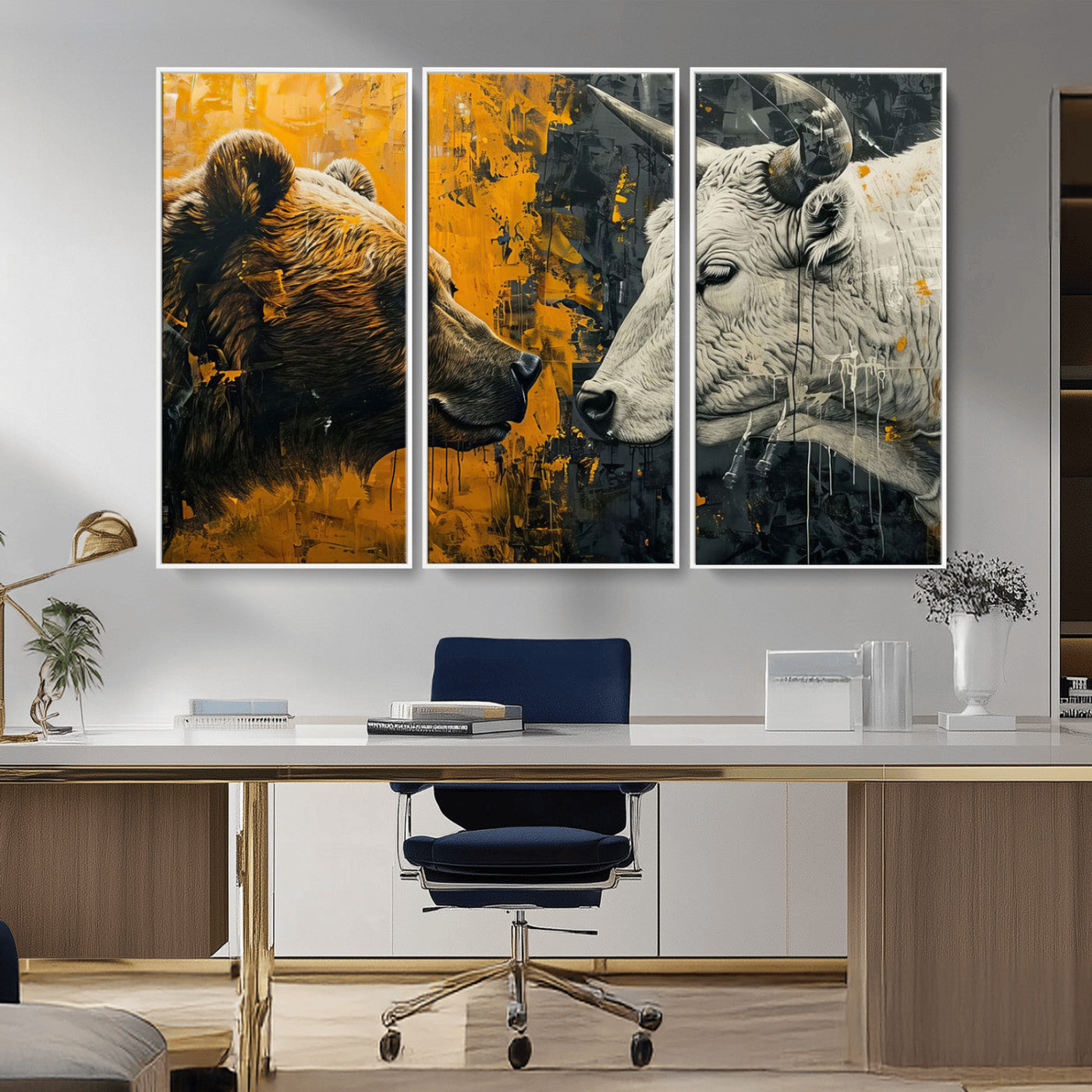 MGV-FC-48X32-3P - Bear and Bull Wall Art Canvas Print – Abstract Animal Portrait Painting for Modern Home Decor –