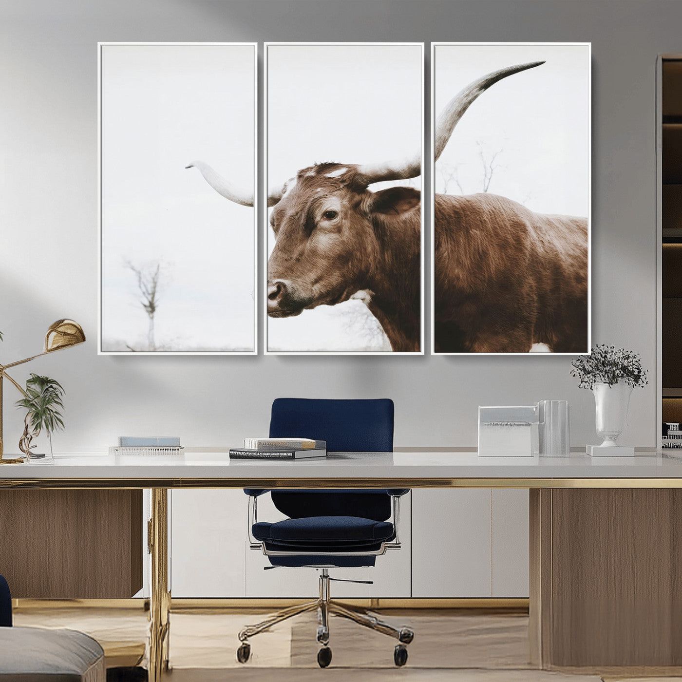 MGV-FC-48X32-3P - Rustic Bull Wall Art Canvas Print – Modern Longhorn Farmhouse Animal Decor – Abstract Farm Cow