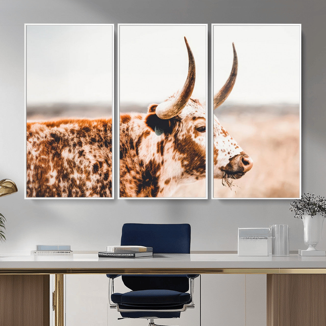 MGV-FC-48X32-3P - Speckled Bull Wall Art Canvas Print – Rustic Cow Longhorn Farmhouse Animal Decor – Western Longhorn