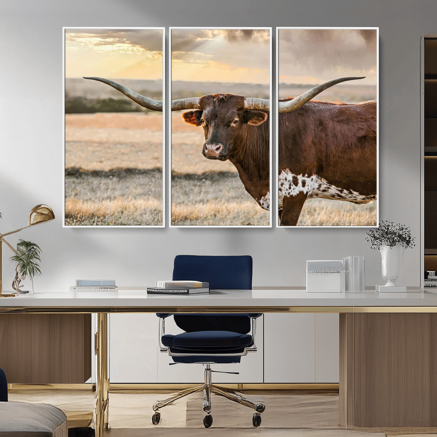MGV-FC-48X32-3P - Texas Longhorn Wall Art Canvas Print, Rustic Ranch Decor, Majestic Western Longhorn Cattle