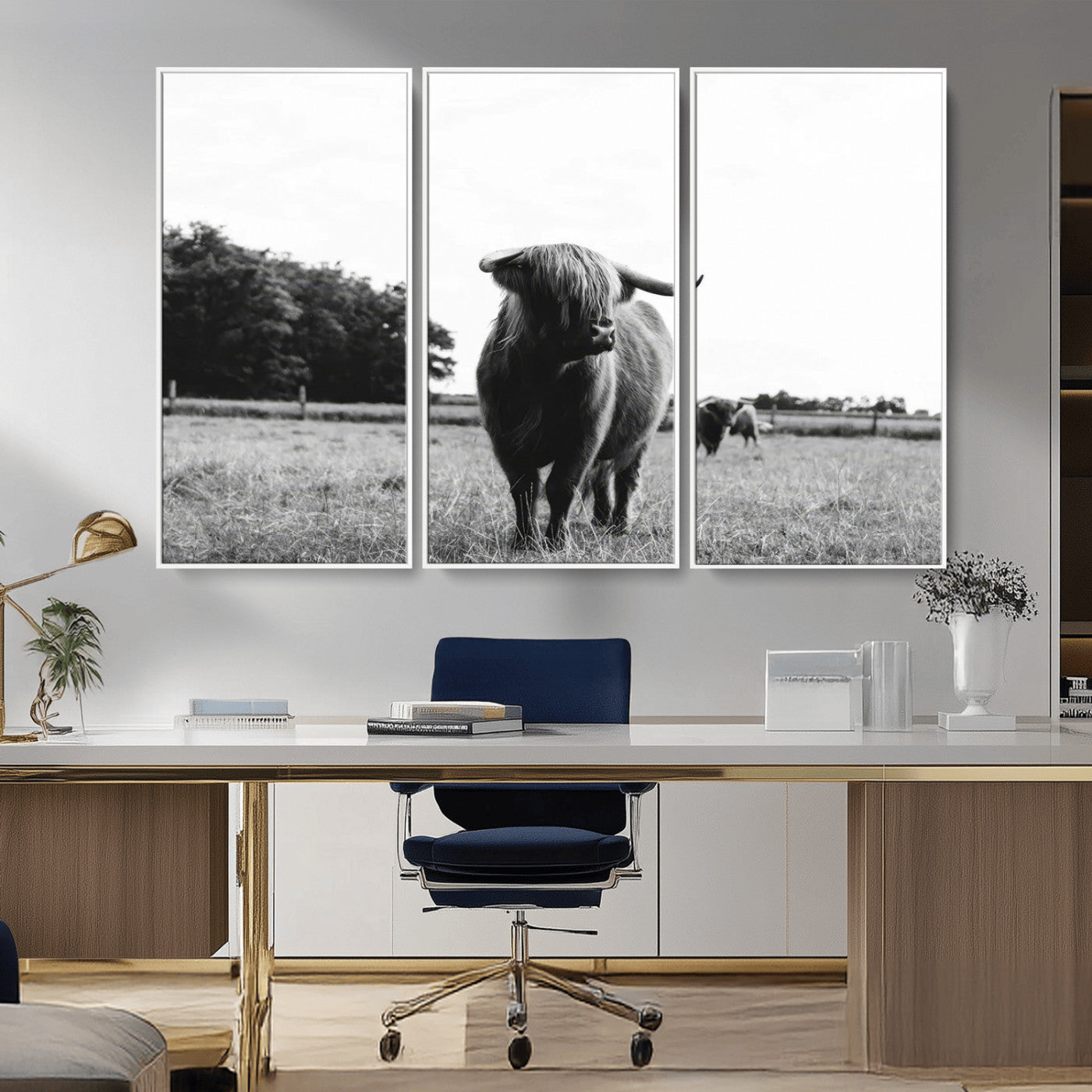 MGV-FC-48X32-3P - Black and White Highland Cow Wall Art Canvas Print | Rustic Western Decor for Living Room or Office,