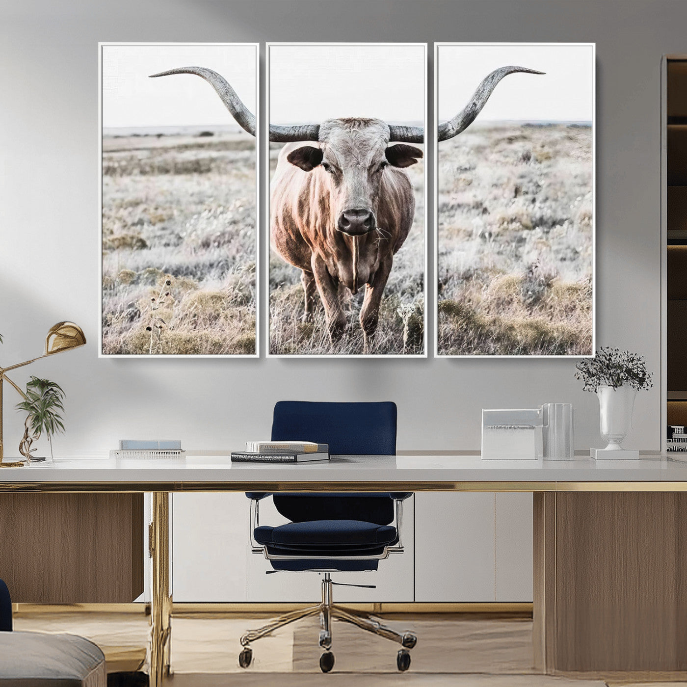 26121-MGV-FC-48X32-3P_White-Rustic Texas Longhorn Wall Art Canvas Print | Western Farmhouse Decor for Living Room or Office,