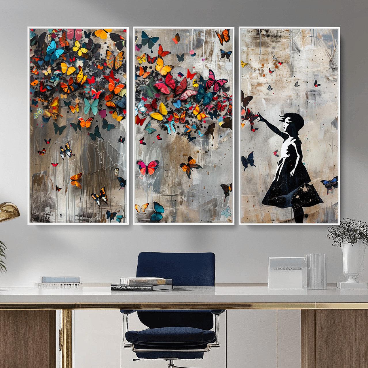 40269-MGV-CV-36X24 - Banksy Wall Art - Banksy Girl and Butterfly Explosion Wall Art Canvas Print | Girl with Butterflies