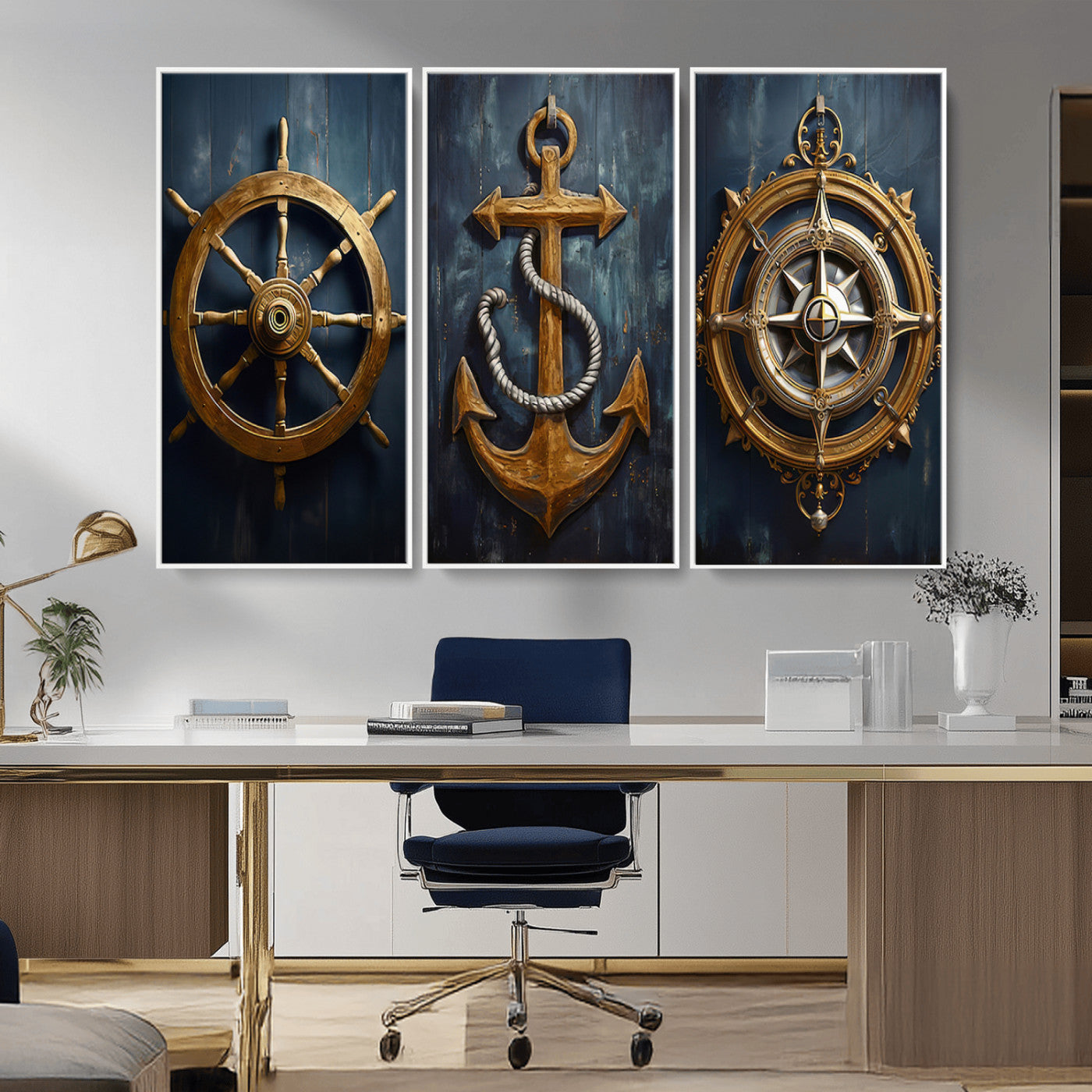 MGV-FC-48X32-3P - Boat Anchor Compass With Rope Wall Art Canvas Print | Beach House Wall Art