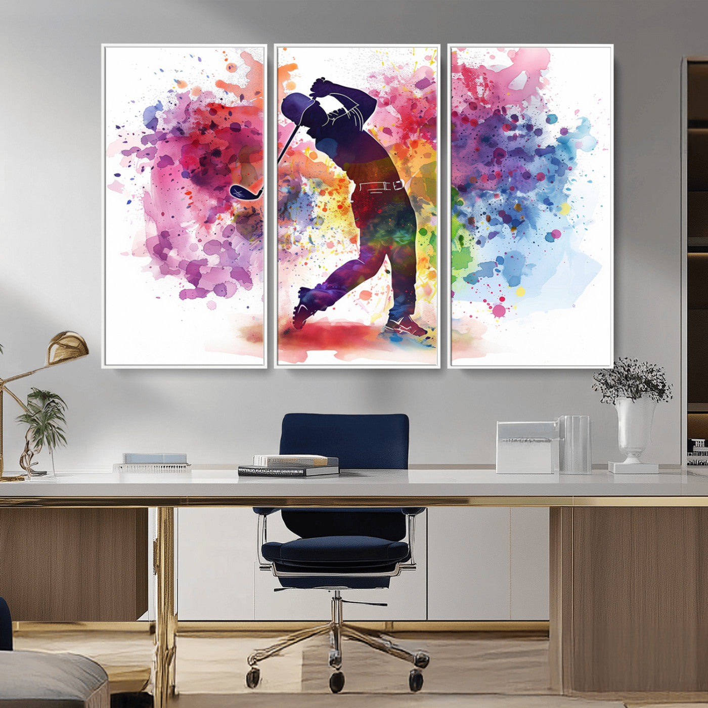 MGV-FC-48X32-3P - Colorful Golfer Swing Wall Art Canvas Print - Ready to Hang, Framed Sports Decor