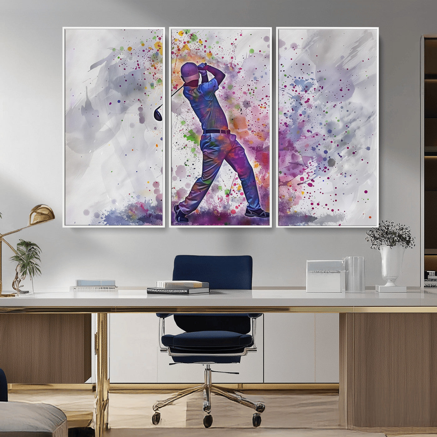 MGV-FC-48X32-3P - Watercolor Golf Swing Wall Art Canvas Print | Vibrant Abstract Golf Player Silhouette |