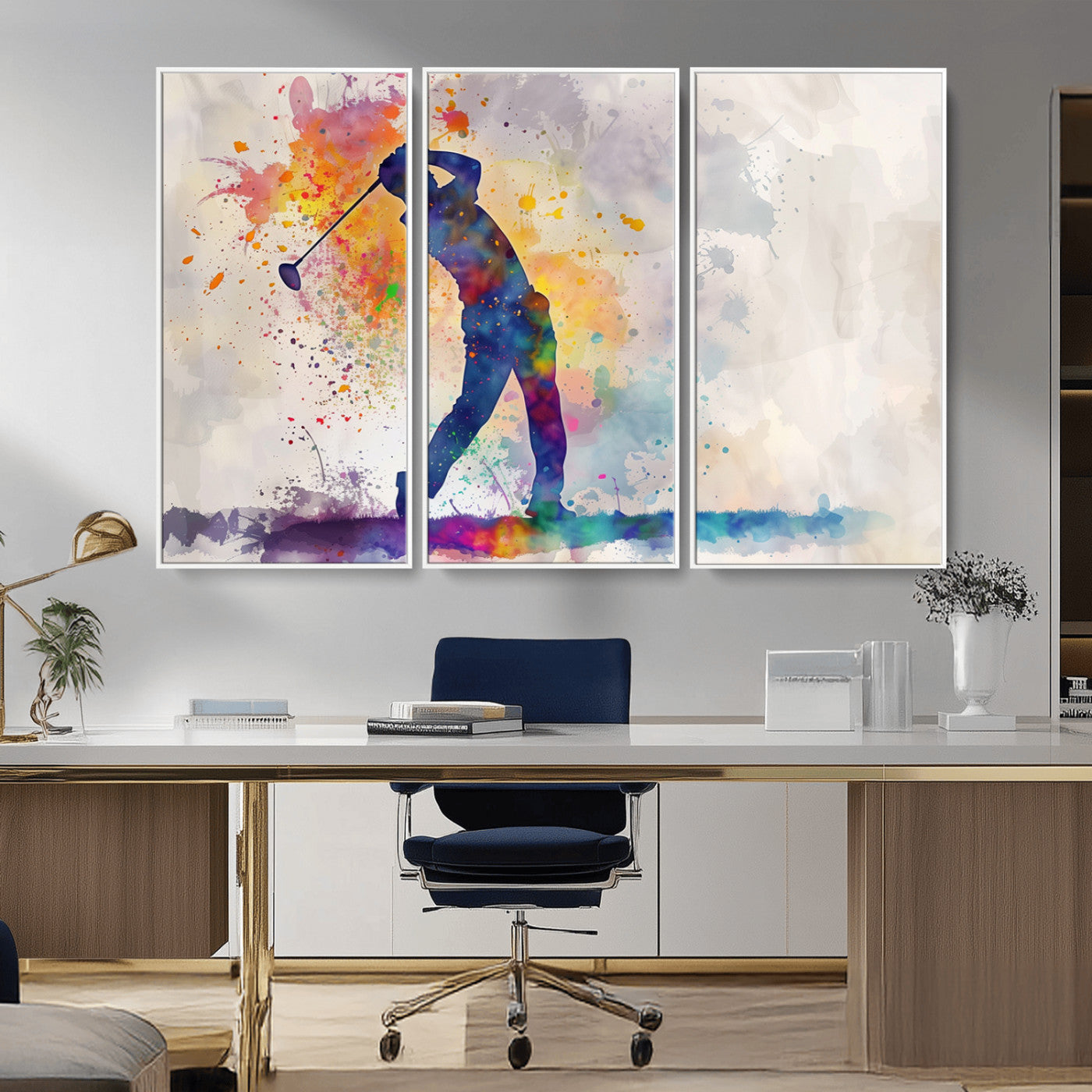MGV-FC-48X32-3P - Watercolor Golf Swing Wall Art Canvas Print | Vibrant Abstract Golf Player Silhouette |