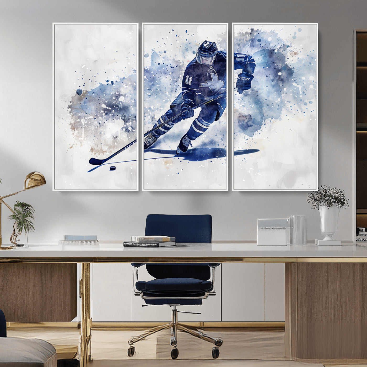 MGV-FC-48X32-3P - Hockey Player Wall Art Canvas Print - Sports-Inspired Watercolor Decor - Ready to Hang