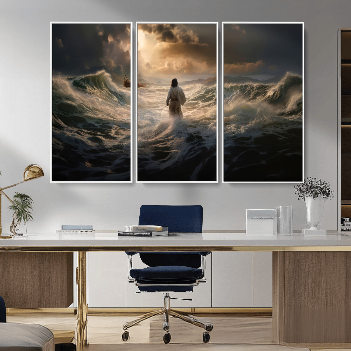 MGV-FC-48X32-3P - Jesus Walking on Water Wall Art Canvas Print - Religious Spiritual Decor - Jesus Wall Art Canvas