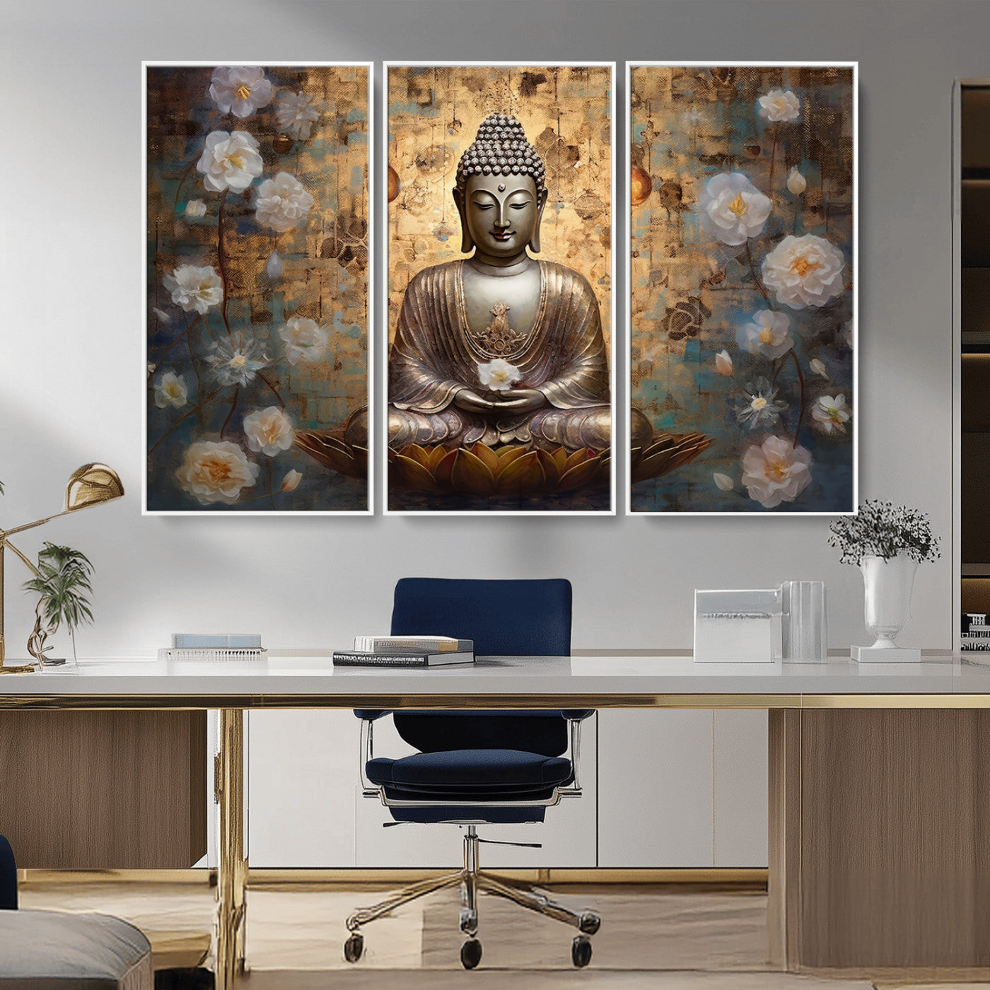 MGV-FC-48X32-3P - Golden Buddha Wall Art Canvas Print | Zen Meditation Floral Decor | Tranquil Spiritual Home Art |
