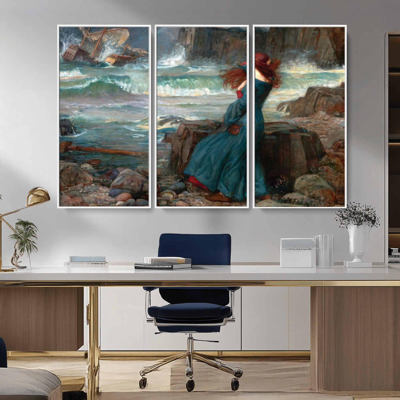 1-MGV-FC-48X32-3P_White-Miranda by the Shore Wall Art Canvas Print – Tempest Scene Ocean Storm – Ready to Hang