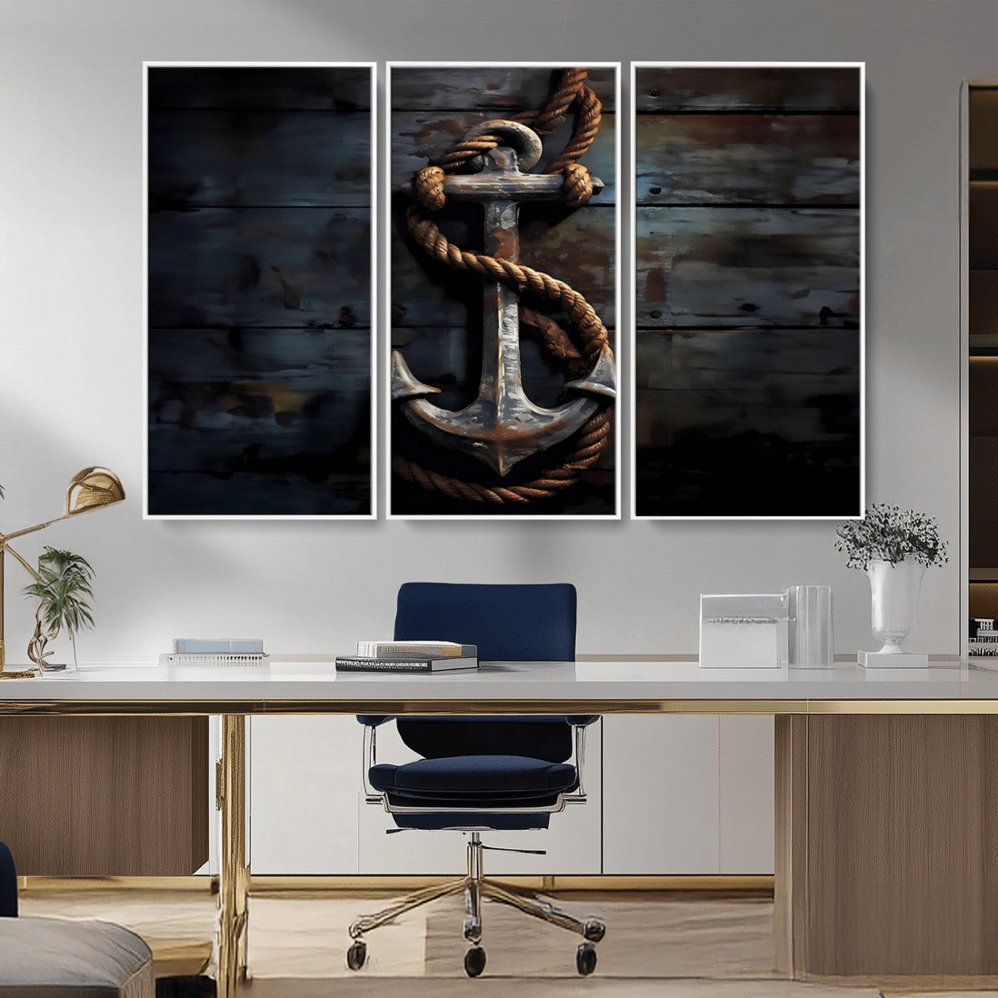 MGV-FC-48X32-3P - 3 Panel Grunge Abstract Anchor Wall Art Canvas Print Set