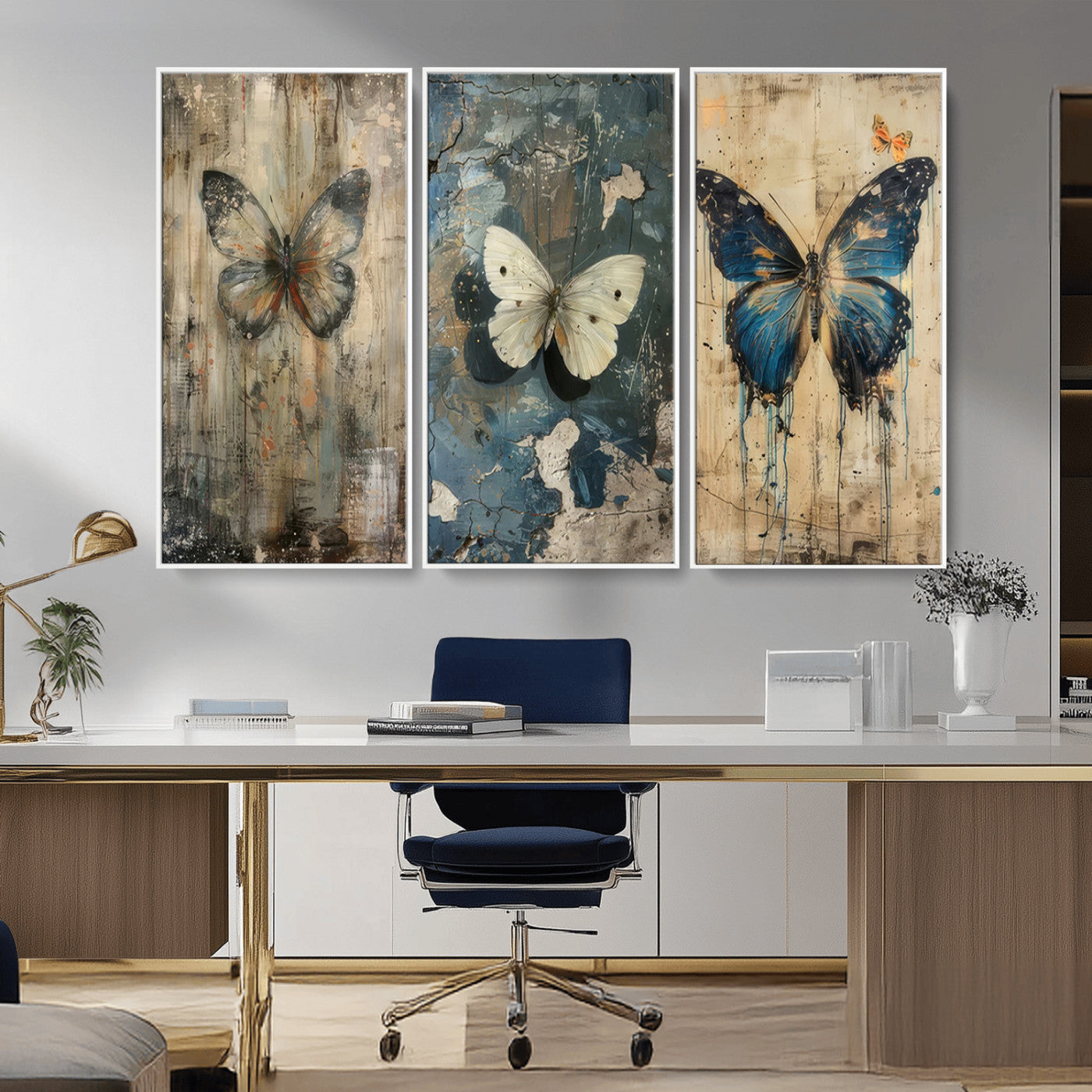 MGV-FC-48X32-3P - Butterfly Wall Art Trio | Vintage Butterfly Canvas Print | Ready to Hang Framed Artwork for