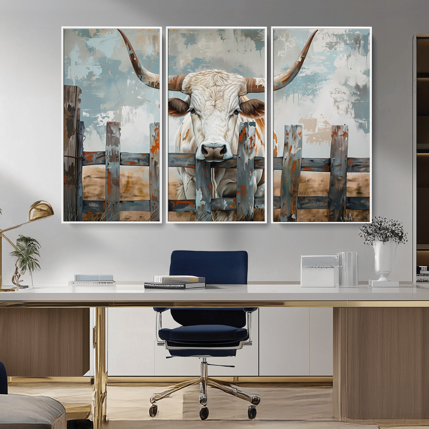 MGV-FC-48X32-3P - Vintage Cow Wall Art Canvas Print for Farmhouse Wall Decor Theme, Cattle Wall Art Print