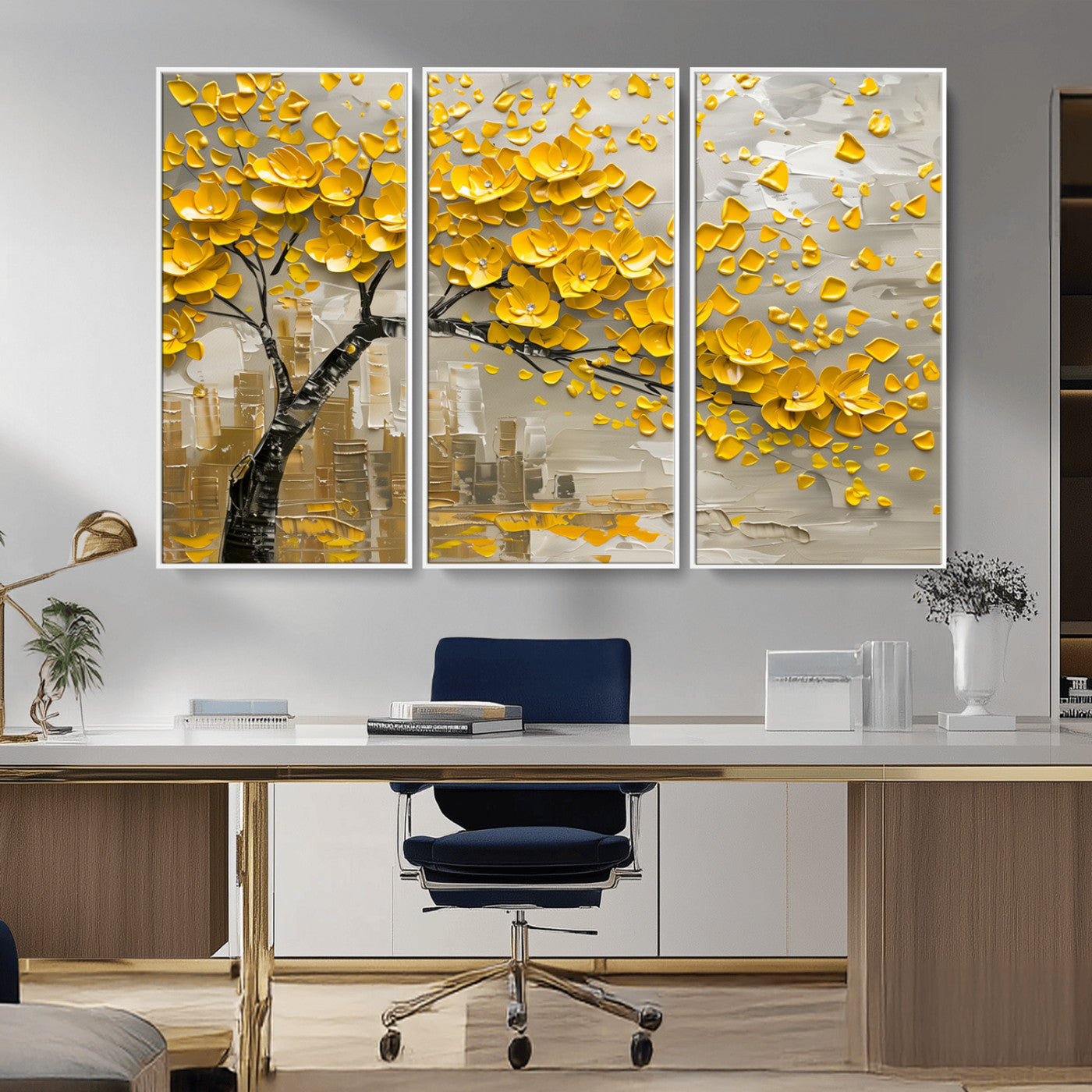 MGV-FC-48X32-3P - Yellow Blossom Tree Canvas Wall Art - Floral Abstract Modern Contemporary Artwork for Living Room or