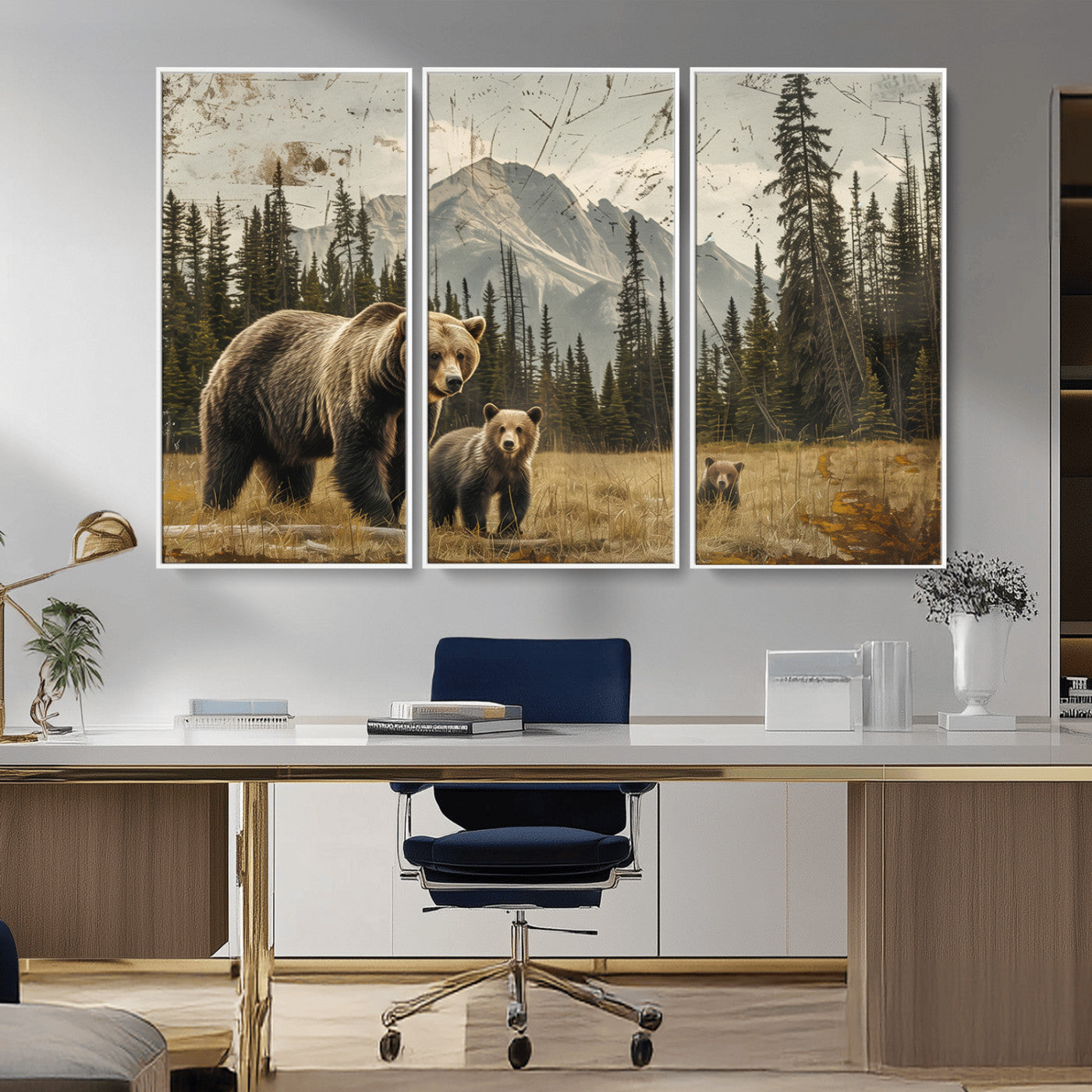 MGV-FC-48X32-3P - Rustic Grizzly 399 Bear Family Wall Art Canvas Print