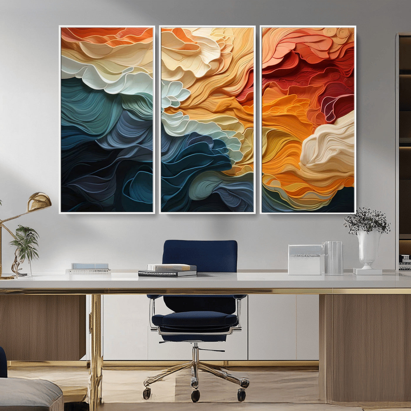 MGV-FC-48X32-3P - Blue Orange Abstract Wave Wall Art Canvas Print, Framed Blue Orange Wave Wall Art