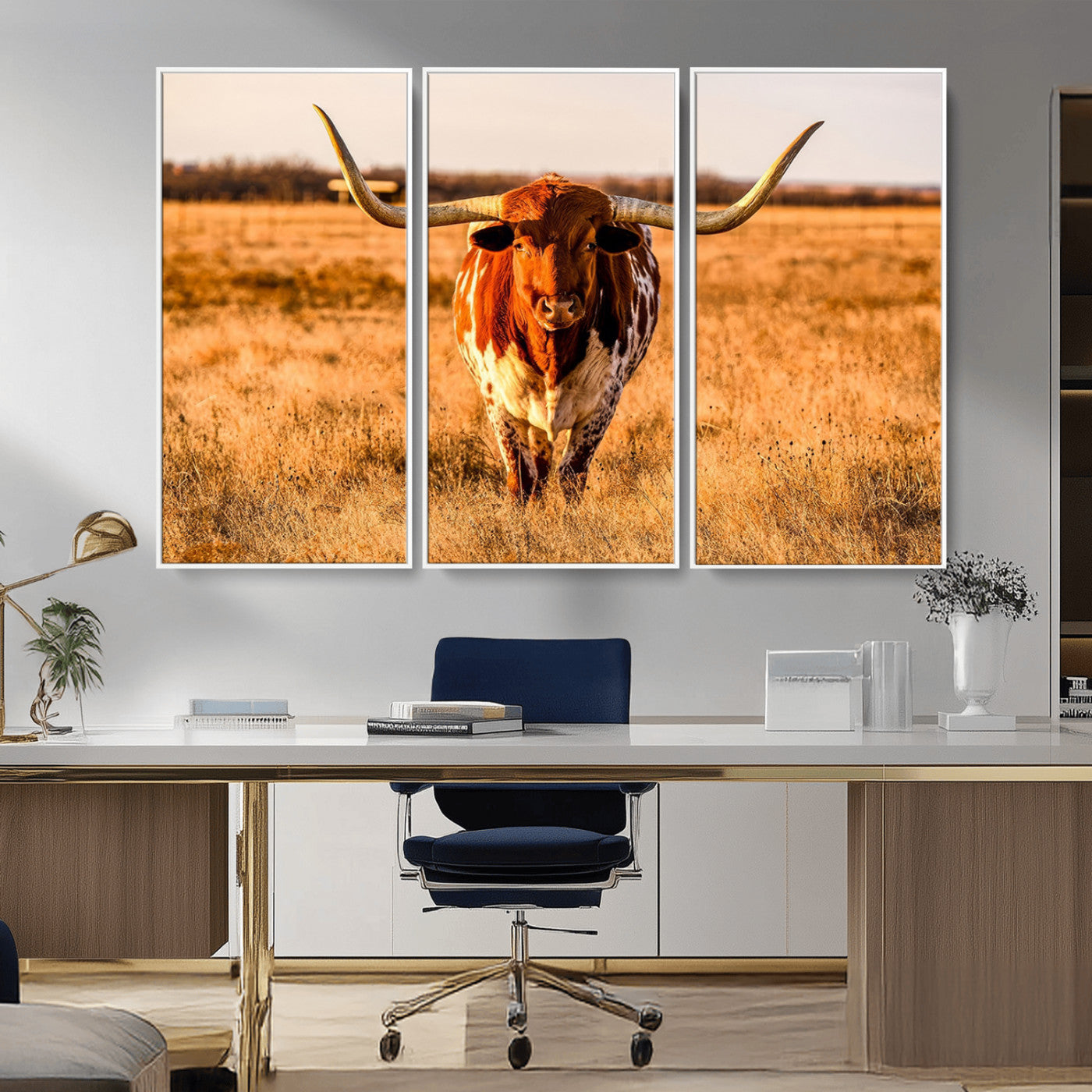 MGV-FC-48X32-3P - Longhorn Cow Wall Art | Ready to Hang Framed Canvas Print for Farmhouse and Barn Decor