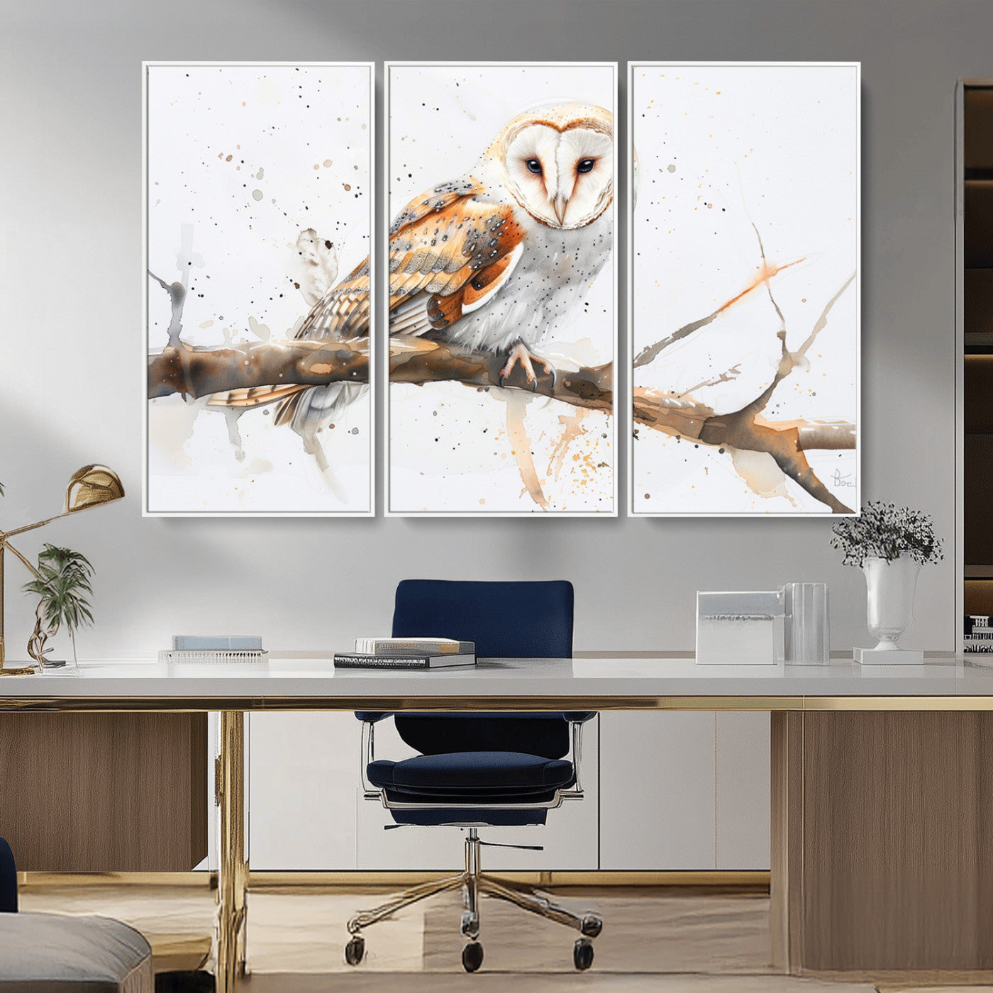 MGV-FC-48X32-3P - Barn Owl Wall Art on Branch | Stunning Canvas Print for Nature Lovers | Ready to Hang and Framed
