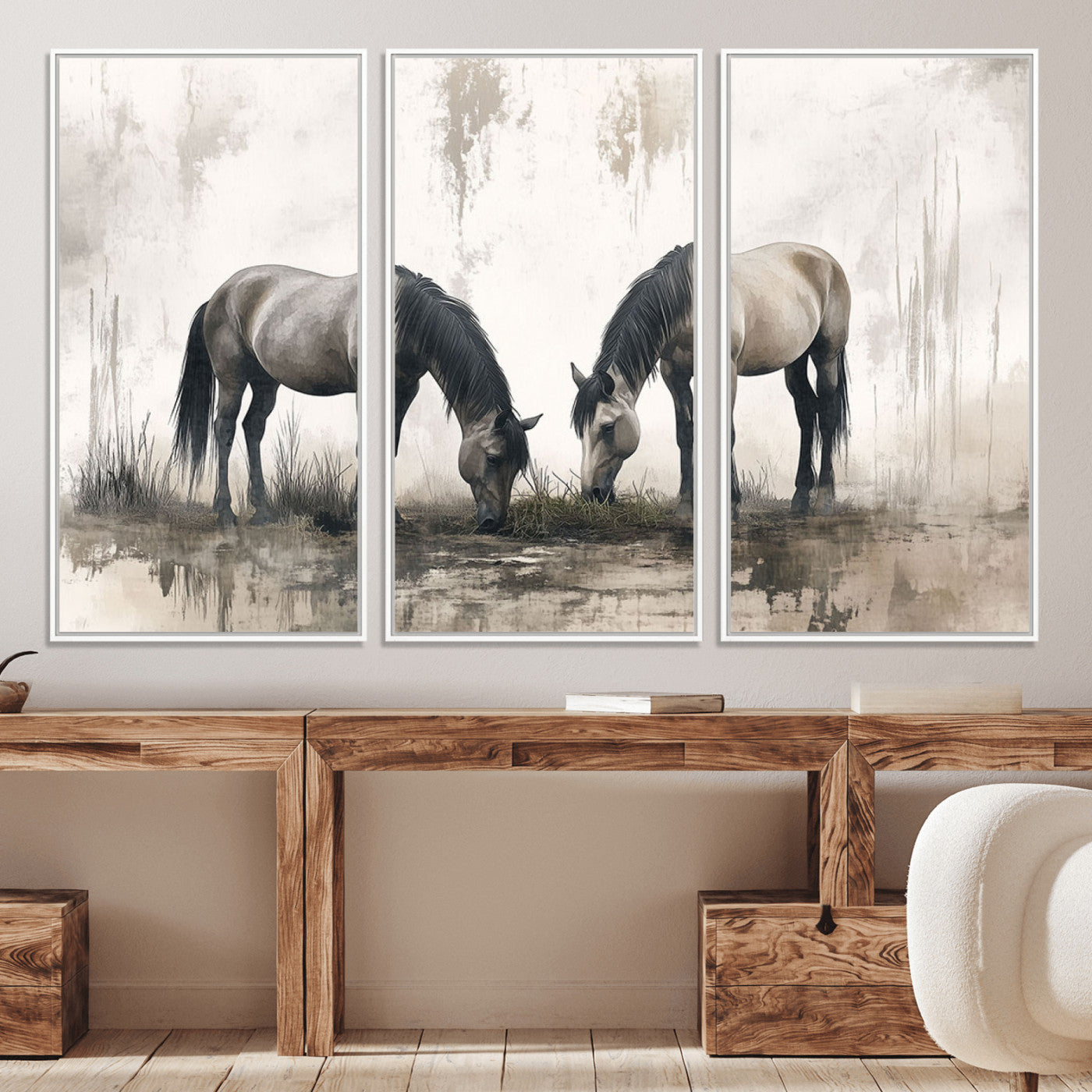35494-MGV-CV-36X24-Chines Ink Style Vintage Horses Wall Art Canvas Print for Farmhouse Wall Decor