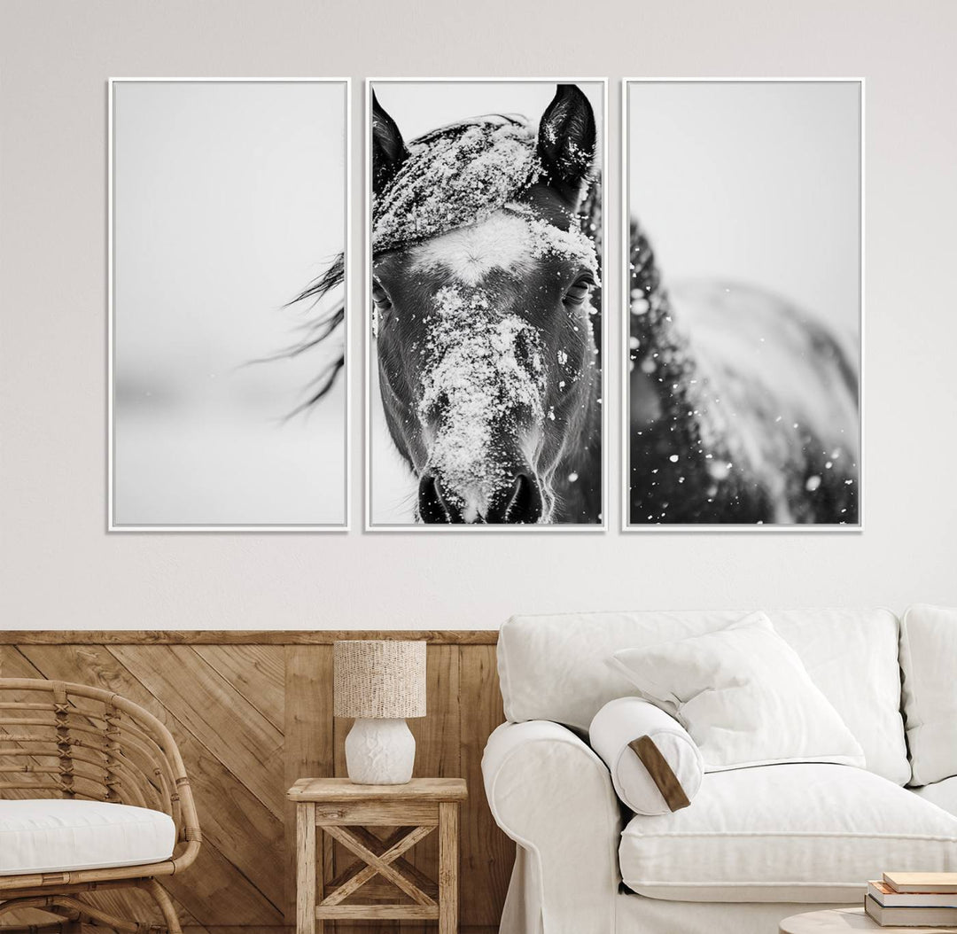 This black and white winter horse wall art enhances any decor; it is ready to hang and framed for a farmhouse or Western style.